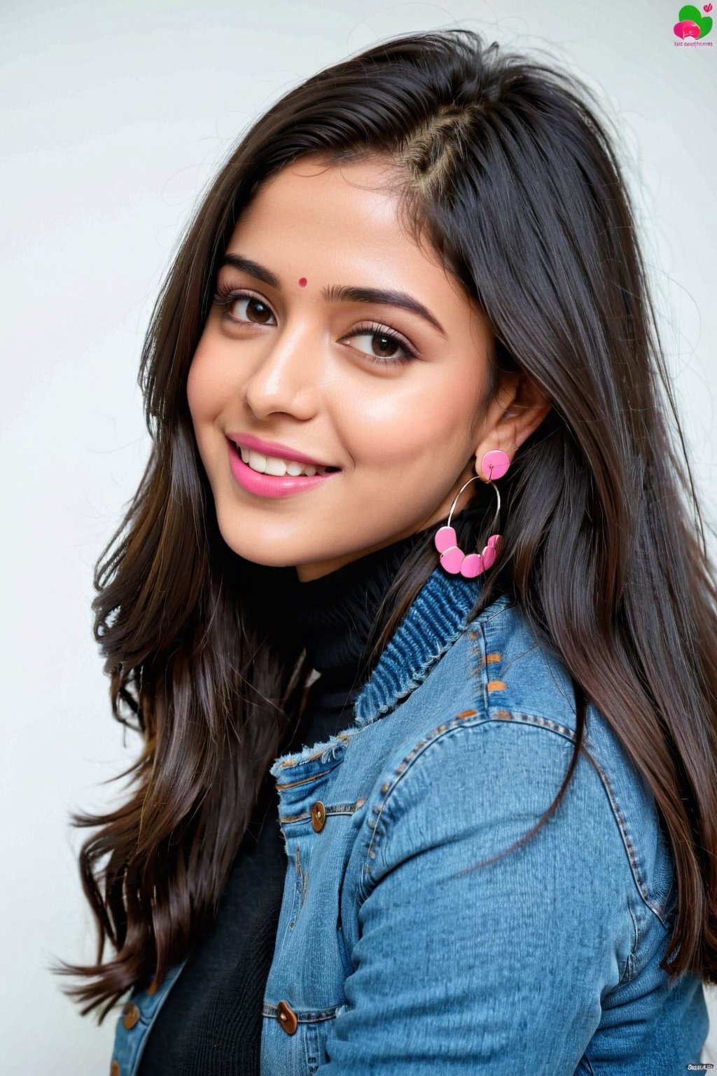 A 18  years young Indian girl wearing black turtleneck sweater and denim jacket, cute face with details, beautiful eyes, black long hair, smile 0.1, pink lips, earrings, model photoshot, high quality realistic photo