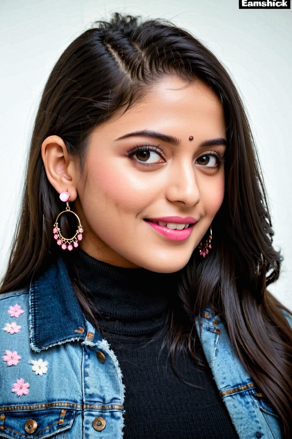 A 18  years young Indian girl wearing black turtleneck sweater and denim jacket, cute face with details, beautiful eyes, black long hair, smile 0.1, pink lips, earrings, model photoshot, high quality realistic photo