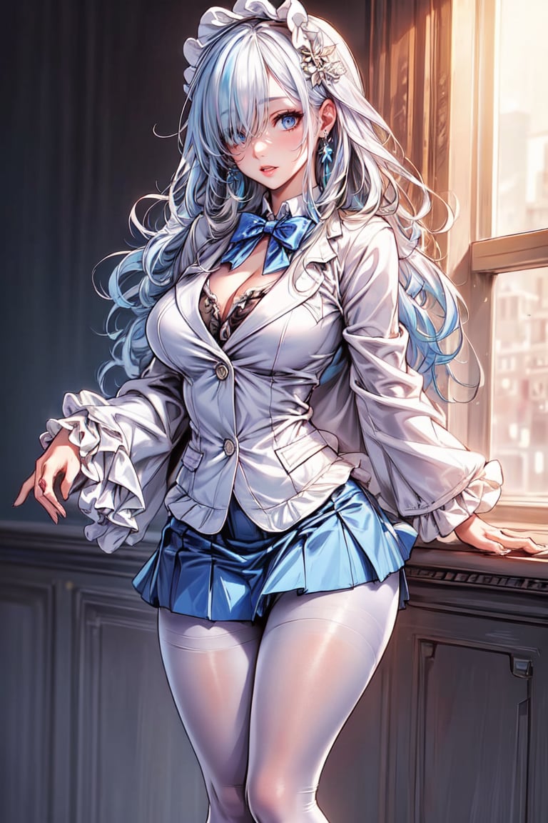 (masterpiece:1.5), (big breasts), 1 girl, young woman, (Beautiful Girl:1.5), (extremely detailed and delicate anime face and eyes:1.5), whole body, (natural light, HDR, extremely details CG:1.3), (dynamic posture:1.3), {correct body anatomy}, (wide hips:1.4), (perfect hands:1.3), single focus, toned body, Beautiful Lips, thick lips, {surreal}, {correct posture}, {minutes details}, {detailed body}, {detailed clothing}, {Bright Eyes}, (cleavage: 1.3), {accessories}, {sexy}, {solo}, (Short white blazer: 1.5), long sleeves jacket, (open jacket: 1.5), (puffed sleeves: 1.3), (wide sleeves: 1.5), one-piece dress, (school dress: 1.5), (dress: 1.5), (skirt with lots of frills: 1.5), (white pantyhose: 1.5), pantyhose, (Hakama bow: 1.3), hair flower, (white pointe shoes: 1.3), jewelry, (bowtie: 1.5), earrings, (Traditional Dutch Lace Bonnet: 1.3), (Shy look: 1.3), (long hair: 1.5), (two-tone hair: 1.5), (white hair with light blue streaks: 1.5), hair loop, (curly hair: 1.5), very thick hair, (hair over eyes, hair over one eye: 1.5), (sidelocks: 1.3), (eyes visible through hair: 1.5), glowing hair, (bright light blue eyes: 1.3),