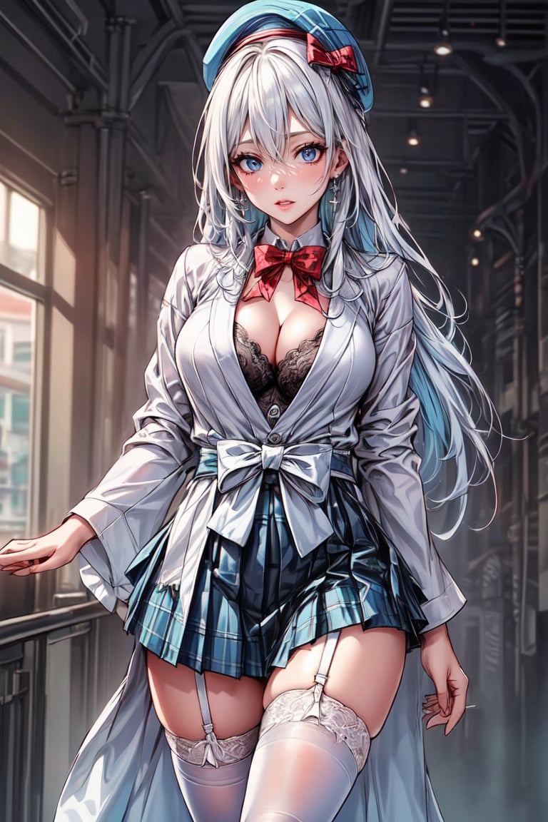 (masterpiece:1.5), (big breasts), 1 girl, young woman, (Beautiful Girl:1.5), (extremely detailed and delicate anime face and eyes:1.5), whole body, (natural light, HDR, extremely details CG:1.3), (dynamic posture:1.3), {correct body anatomy}, (wide hips:1.4), (perfect hands:1.3), single focus, toned body, Beautiful Lips, thick lips, {surreal}, {correct posture}, {minutes details}, {detailed body}, {detailed clothing}, {Bright Eyes}, (cleavage: 1.3), {accessories}, {sexy}, {solo}, (school uniform Winter: 1.3), (Short blazer: 1.5), (white blouse: 1.3), long sleeves jacket, (High waist pleated skirt: 1.5), (Plaid skirt: 1.3), high waist skirt, (white lace-trimmed legwear: 1.5), white thighhighs, (Hakama bow: 1.5), (Silk beret: 1.5), (ribbon: 1.3), (bowtie: 1.3), black pointe shoes, jewelry, earrings, (Shy look: 1.3), (extra long hair: 1.5), (two-tone hair: 1.5), (Pearl White hair with light blue streaks: 1.5), bangs, (low tied long hair: 1.5), (straight hair: 1.3), (hair between eyes: 1.5), (sidelocks: 1.3), glowing hair, (bright light emerald eyes: 1.3), 