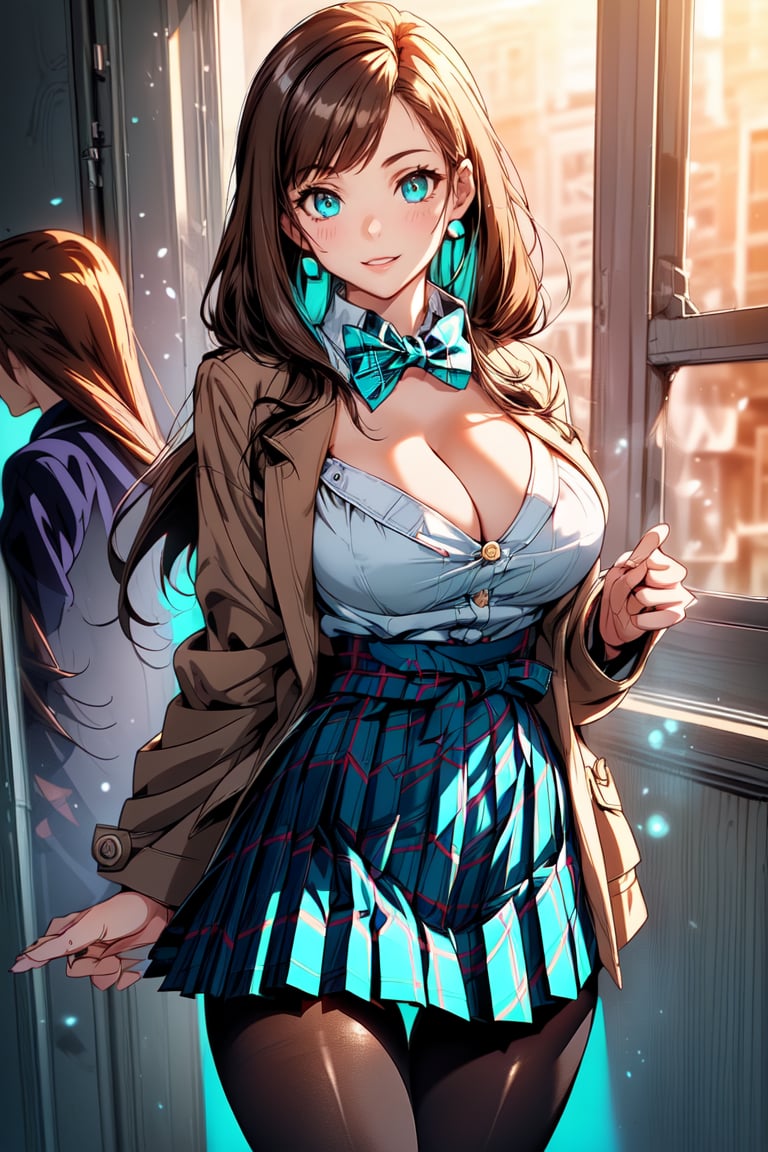 (cowboy shot: 1.5), (masterpiece:1.5), (big breasts), 1 girl, young woman, (Beautiful Girl:1.5), (extremely detailed and delicate anime face and eyes:1.5), whole body, (natural light, HDR, extremely details CG:1.3), (dynamic posture:1.3), {correct body anatomy}, (wide hips:1.4), (perfect hands:1.3), single focus, toned body, Beautiful Lips, thick lips, {surreal}, {correct posture}, {minutes details}, {detailed body}, {detailed clothing}, {Bright Eyes}, (cleavage: 1.3), {accessories}, {sexy}, {solo}, Korean school uniform, (open short coat: 1.5), (Plaid short coat: 1.4), (short coat: 1.5), (High waist pleated skirt: 1.5), (Plaid skirt: 1.3), high waist skirt, Strap pleated skirt, white shirt, drawstring shirts, (pearl bow tie: 1.3), Hakama bow, (pantyhose: 1.3), black loafers, jewelry, earrings, (light smile: 1.3), (dark brown hair: 1.5), (low tied long hair: 1.3), (straight hair: 1.5), nape hair, glowing hair, (bright turquoise eyes: 1.3),