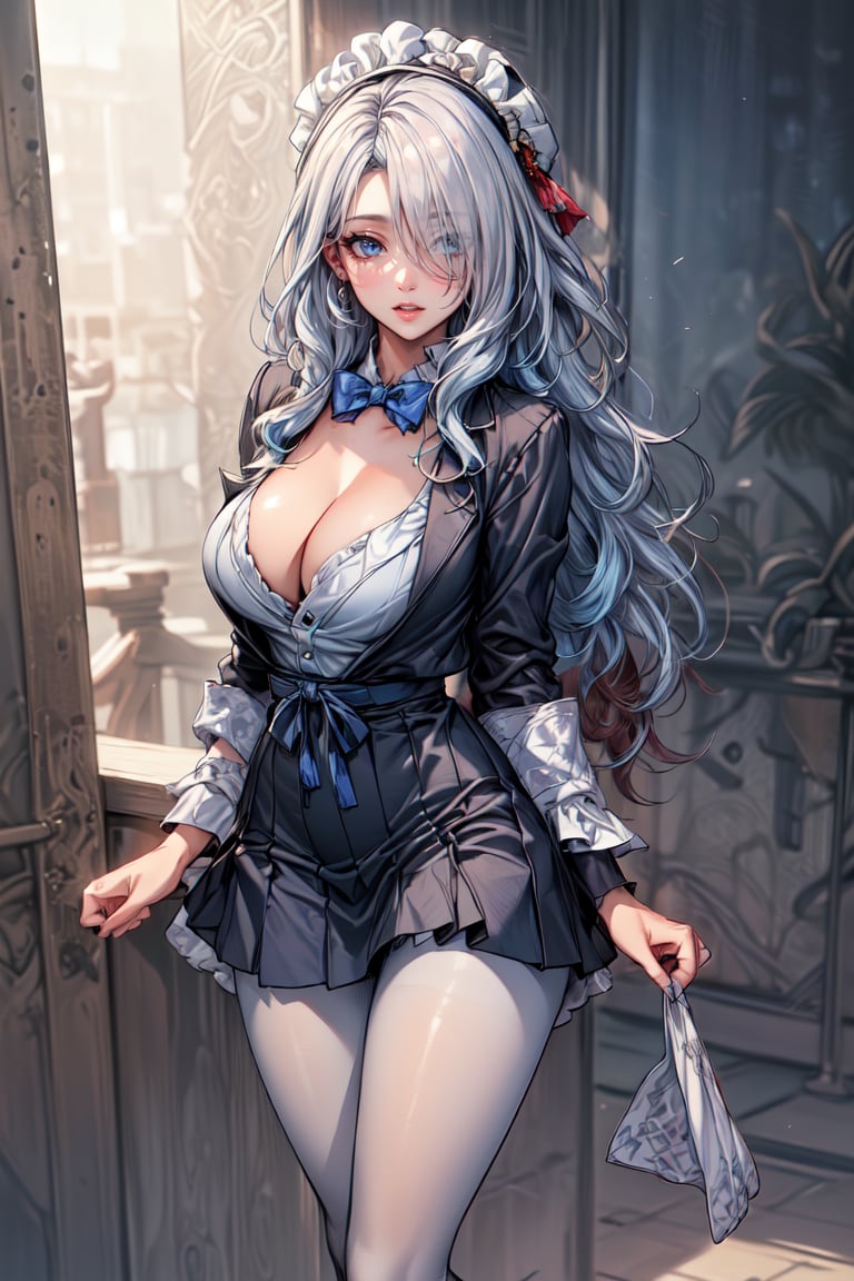 (masterpiece:1.5), (big breasts), 1 girl, young woman, (Beautiful Girl:1.5), (extremely detailed and delicate anime face and eyes:1.5), whole body, (natural light, HDR, extremely details CG:1.3), (dynamic posture:1.3), {correct body anatomy}, (wide hips:1.4), (perfect hands:1.3), single focus, toned body, Beautiful Lips, thick lips, {surreal}, {correct posture}, {minutes details}, {detailed body}, {detailed clothing}, {Bright Eyes}, (cleavage: 1.3), {accessories}, {sexy}, {solo}, (Short white blazer: 1.5), long sleeves jacket, (open jacket: 1.5), (puffed sleeves: 1.3), (wide sleeves: 1.5), one-piece dress, (school dress: 1.5), (dress: 1.5), (skirt with lots of frills: 1.5), (white pantyhose: 1.5), pantyhose, (Hakama bow: 1.3), hair flower, (white pointe shoes: 1.3), jewelry, (bowtie: 1.5), earrings, (Traditional Dutch Lace Bonnet: 1.3), (Shy look: 1.3), (long hair: 1.5), (two-tone hair: 1.5), (white hair with light blue streaks: 1.5), hair loop, (curly hair: 1.5), very thick hair, (hair over eyes, hair over one eye: 1.5), (sidelocks: 1.3), (eyes visible through hair: 1.5), glowing hair, (bright light blue eyes: 1.3),