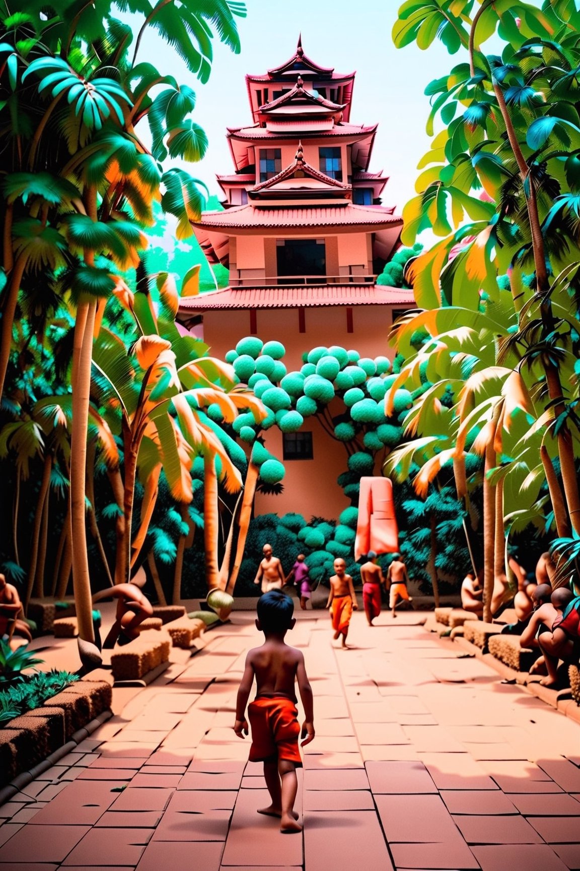 A young Indian boy, full of determination and focus, practices meditation amidst a bustling city square. The vibrant colors and energy of the surroundings contrast with his inner peace.
A talented programmer, fingers flying across the keyboard, defends against a cyber attack on a futuristic cityscape. The screen glows with lines of code as she rallies her team to repel the intruders.
In a lush jungle temple, a wise old monk teaches a young boy the ancient art of martial arts. The boy's movements are fluid and graceful, infused with respect for tradition and a deep connection to nature.