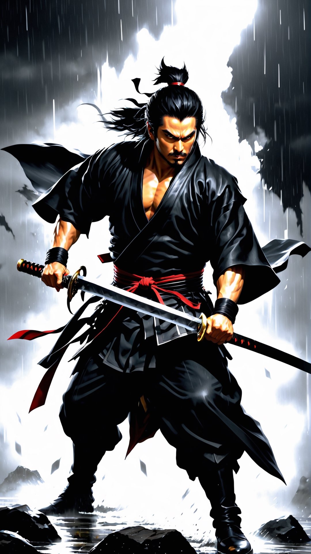 Japanese samurai, Action, dynamic, under the rain, fighting_stance, fighting, dynamis angle, dynamic pose, wearing a black dogi and black hakama, black theme, (((dark skin))), (masterpiece, best quality), serious, huge saint sword, hyper realistic fine tuned manga illustration, inspiration from 座頭市, shintaro katsu,  ,stalker,STRONG BODY AMAZING  LONG BODY AND CUTTING A DARK MONSTER HAVING 6 EVEYS ,DARK SHARDOW TYPE AND ALSO HAAVE LOTS OF CLOOD AROUND HIM 