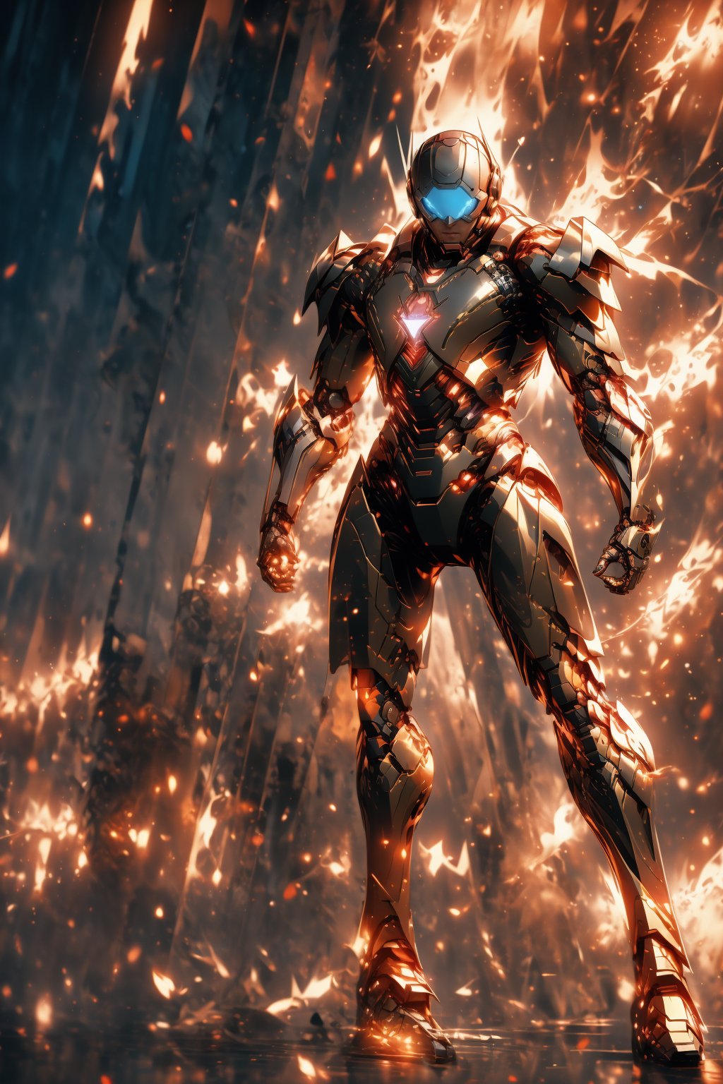 ironman advanced armor, blue eyes, full body shot, deep V armor, fair and smooth skin, mecha background, robot, masterpiece, cinematic lighting, physically based rendering, lens flare, award winning rendering, perfect rendering detail, 8K, realism, detailed background, everything in detail, cinematic shot, dynamic lighting, 75mm, Technicolor, Panavision, cinemascope, fine details, 8k, HDR, realism, realistic, key visual, film still, superb cinematic color grading, depth of field, photorealistic ,midjourney,1 man