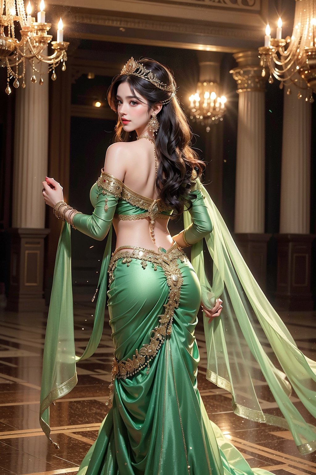 1girl, solo, long hair, looking at viewer, smile, black hair, dress, holding, brown eyes, jewelry, standing, earrings, looking back, from behind, saree, realistic, red lips,Realistic

5a women with ,extra boob ,Enchanted Ballroom Dance:Princess Leonor graces the floor of a grand ballroom, where opulent chandeliers cast a warm glow over the polished marble floor. She is adorned in a majestic gown of rich emerald green, with layers of flowing silk and satin that drape perfectly around her curvaceous figure. The gown features a fitted bodice with off-shoulder sleeves and a plunging neckline, highlighting her sculpted shoulders and slender arms. The skirt billows out in delicate pleats, creating a dramatic effect as she dances gracefully. Her hair is styled in elegant curls, pinned up with a sparkling tiara that reflects the light. She wears matching emerald earrings and a necklace that accentuates her neckline. As she twirls across the dance floor, her vibrant gown and graceful movements create an aura of enchantment, embodying the sophistication and allure of royal charm.