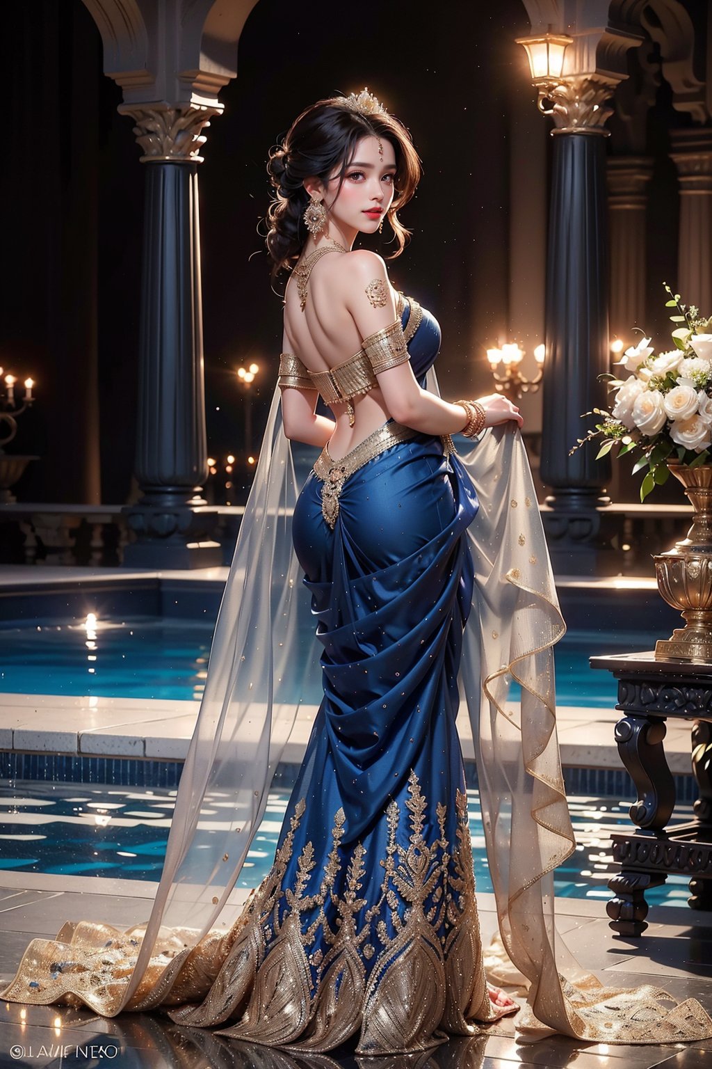 1girl, solo, long hair, looking at viewer, smile, black hair, dress, holding, brown eyes, jewelry, standing, earrings, looking back, from behind, saree, realistic, red lips,Realistic

5a women with ,extra boob ,Elegant Poolside Affair:Princess Leonor enjoys a sophisticated evening by a luxurious poolside, where the reflections of the water add a touch of glamour to the scene. She wears a mesmerizing gown of sheer, deep blue fabric that drapes elegantly over her body. The dress features a plunging neckline and a high slit that reveals glimpses of her figure while maintaining a refined and classy appearance. The transparent fabric is adorned with subtle beading and sequins that catch the light beautifully. Her hair is styled in a sleek updo, accented with a sparkling tiara. She accessorizes with matching sapphire jewelry that enhances her overall elegance. The scene highlights her graceful presence and the alluring nature of the dress against the backdrop of the shimmering pool.