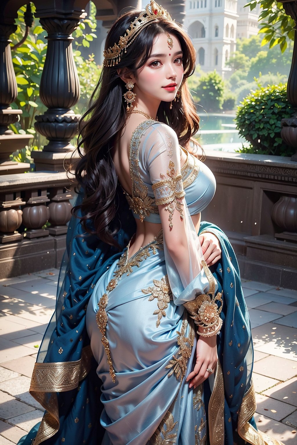 1girl, solo, long hair, looking at viewer, smile, black hair, dress, holding, brown eyes, jewelry, standing, earrings, looking back, from behind, saree, realistic, red lips,Realistic

5a women with ,extra boob ,Royal Garden Soiree:In the heart of a beautifully manicured royal garden, Princess Leonor stands amidst a sea of blooming flowers and lush greenery. She wears an elaborate, floor-length gown of deep royal blue with intricate silver embroidery that shimmers in the sunlight. The dress is tailored to accentuate her graceful figure, hugging her waist and flowing elegantly down to the ground. The bodice features a sweetheart neckline, adorned with delicate lace and beading that highlights her décolletage. Her long, wavy hair is styled up with a jeweled hairpiece that adds a regal touch. She wears matching sapphire earrings and a tiara that glistens in the light. Leonor’s radiant smile and the soft blush on her cheeks are complemented by her confident posture as she engages in a conversation with dignitaries. The scene captures her elegance and charm, blending seamlessly with the opulence of the royal setting.