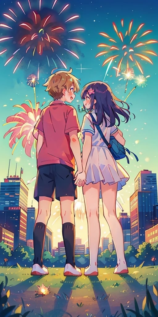 Teenage boy and girl, back view, holding hands, watch fireworks explode over a city skyline,best quality, masterpiece,BOTTOM VIEW