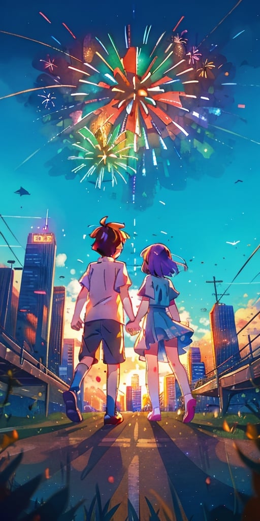 Teenage boy and girl, back view, holding hands, watch fireworks explode over a city skyline,best quality, masterpiece,BOTTOM VIEW