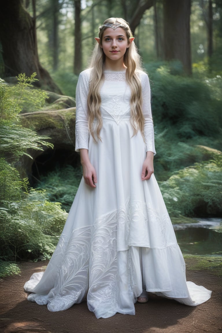 Full body,real life photo,score_9, score_8_up, score_7_up,30 year old female,fitted dress, statuesque female, elvish noble FEMALE,majestic female, gorgeous female,
galadriel, elf, (very long hair:1.3), silver tiara, blonde hair, fully clothed in white fitted dress, sleeves, daylight, detailed hands ,perfect photografy, cute girl, young and beautiful,mastepies, 1girl, small tits, realistic,young face, detailed fingers, lothlorien scenery, fantasy forest, looking at viewer,