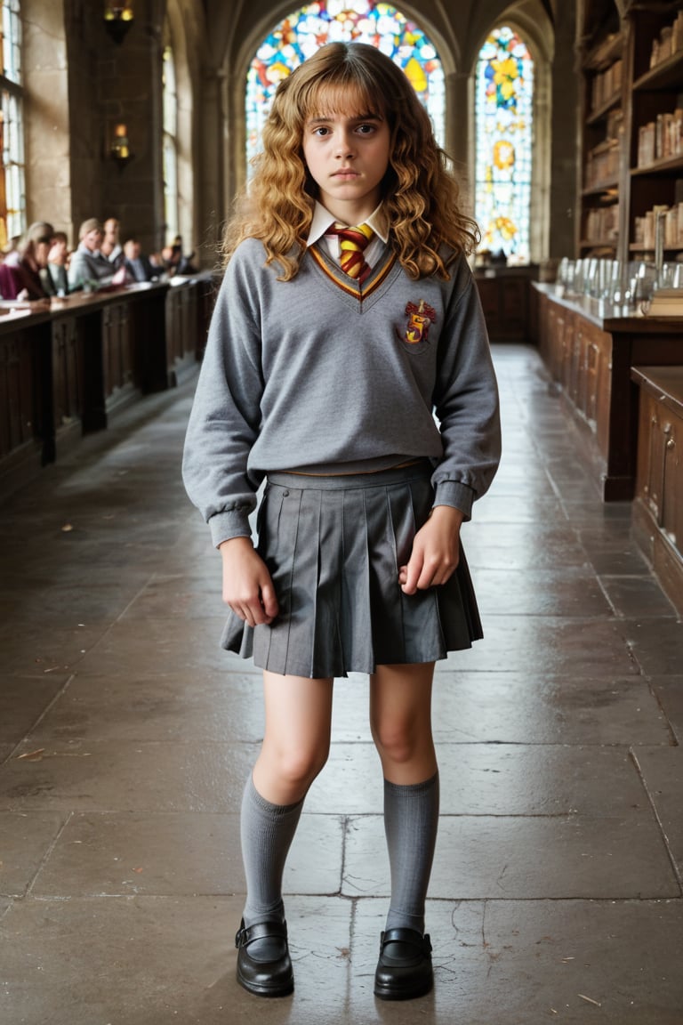 Cute face,cute girl, standing,Detailed face, skinny girl,Perfect photography of Hermione Granger, fully clothed in knee length skirt and sweater, Hogwarts uniform,11 year old girl, Hogwarts library background,full body,score_9, score_8_up, score_7_up, source_photo, photography, realistic,rating_explicit, raw photo, masterpiece, score_9, score_8_up, score_7_up,Hermione Granger, 1girl, long_hair, bangs, brown_hair,child