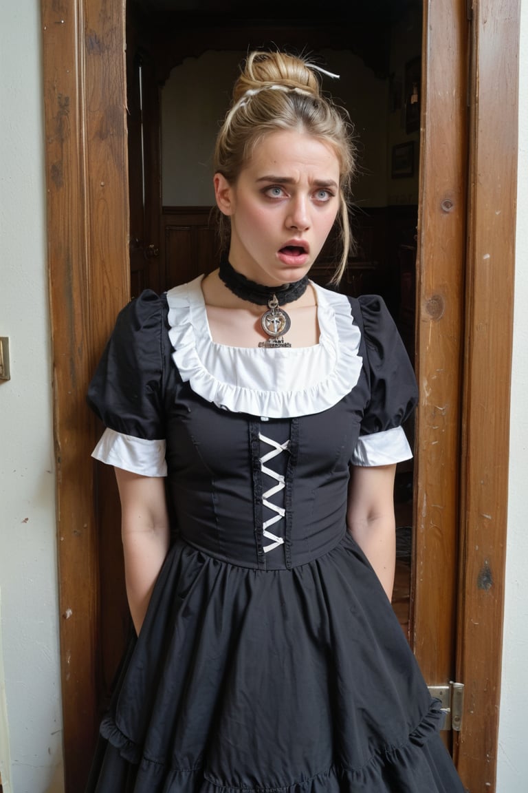  score_9, score_8_up, score_7_up, source_photo, photography, realistic,rating_explicit, raw photo, masterpiece, rope around neck, blonde, girl 25 year old, hair bun,scared face, standing,fully clothed in knee-length maid black dress, black stockings, puffy dress,, folds on skirt,gothic house interior, bright light,