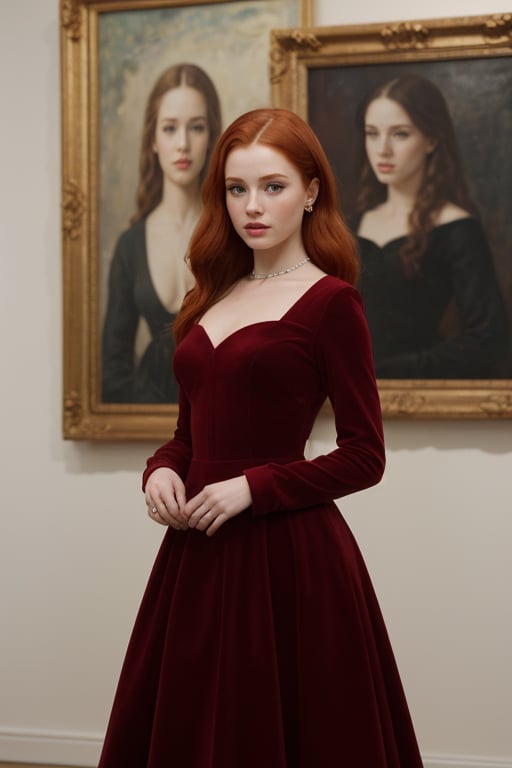 hyperrealistic image of Madelaine Petsch in an art gallery, wearing a red velvet dress with an elegant neckline, with an intrigued and elegant gaze. She is observing an abstract work of art, with an expression that reveals her passion for art. The image is in a sophisticated setting, with a focus on the actress's beauty and the cultural atmosphere of the gallery.