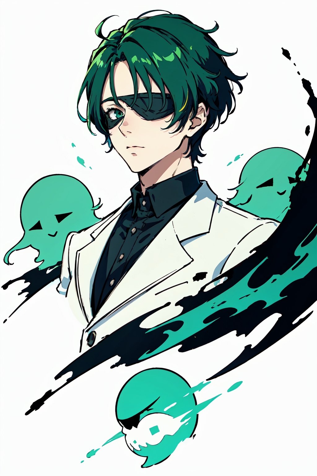 (masterpiece),vivid,a handsome man ,green tuxedo,multicolored hair,blindfolded ,messy wolfcut hairstyle,white background, surrounded by ghost,Persona Cut In,midjourney