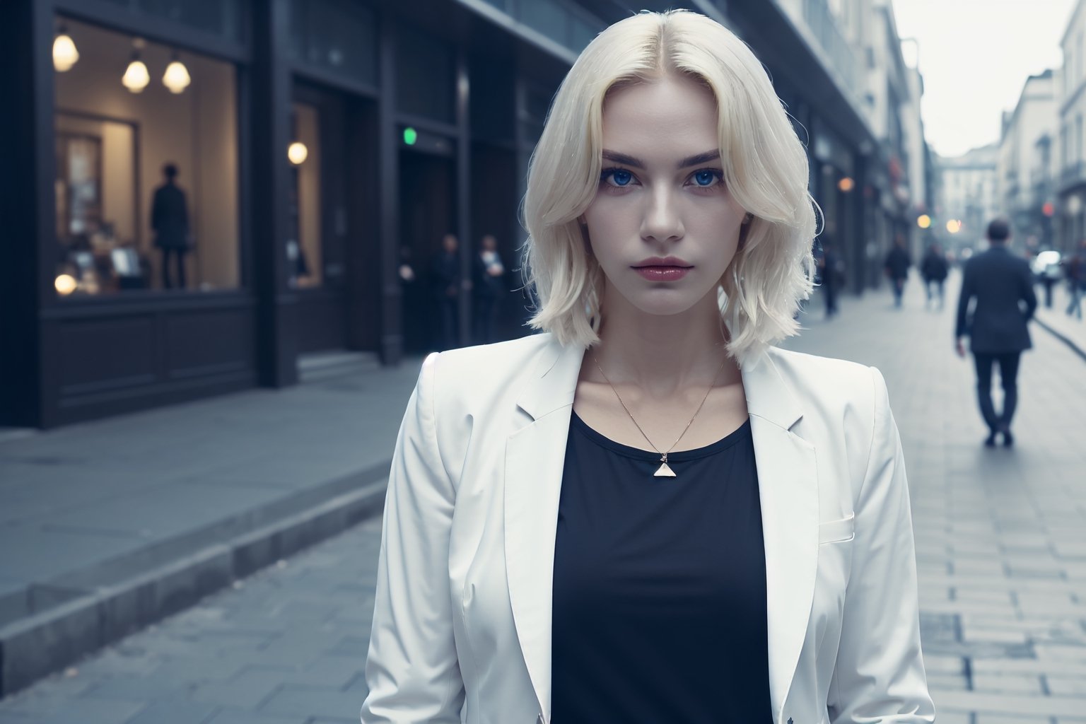 niji, nijiStyle, (masterpiece, best quality, highres:1.3), ultra resolution image, (1girl), female, (solo), (),, sketch, 50_aged, white blazer (module),High detailed,angry expression,walking on the street ,cinematic lighting, fiery piercing eyes,aurora,,white hair ,1guy,photorealistic