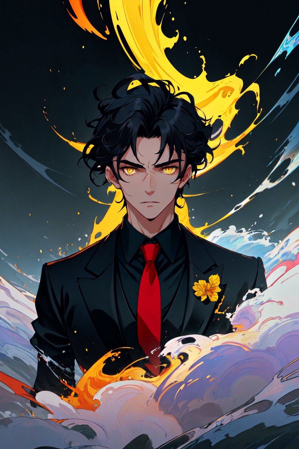 A portrait of a handsome man in slick black suit,wearing red tie, wavy comma hair , 20 years old of age, vivid of nowhere with fog, highly detailed, evil face expression, wearing a gloves , yellow and black hair, high contrast, cinematic ,  light_purple_eyes ,weapon,midjourney