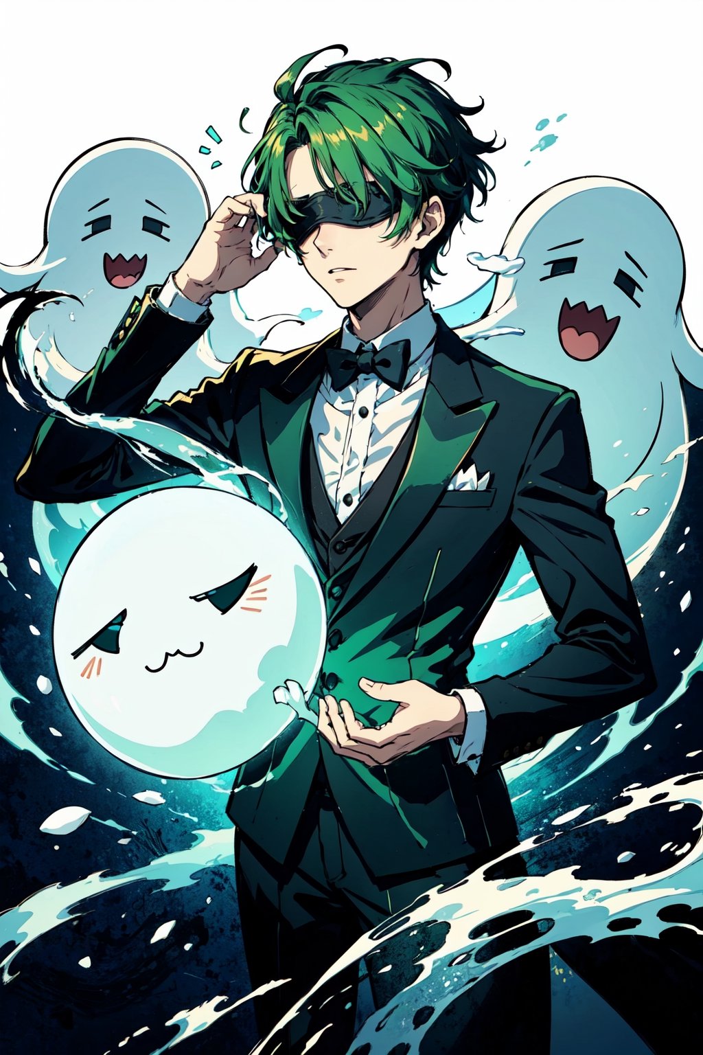 (masterpiece),vivid,a handsome man ,green tuxedo,multicolored hair,blindfolded ,messy wolfcut hairstyle, surrounded by ghost,Persona Cut In,midjourney