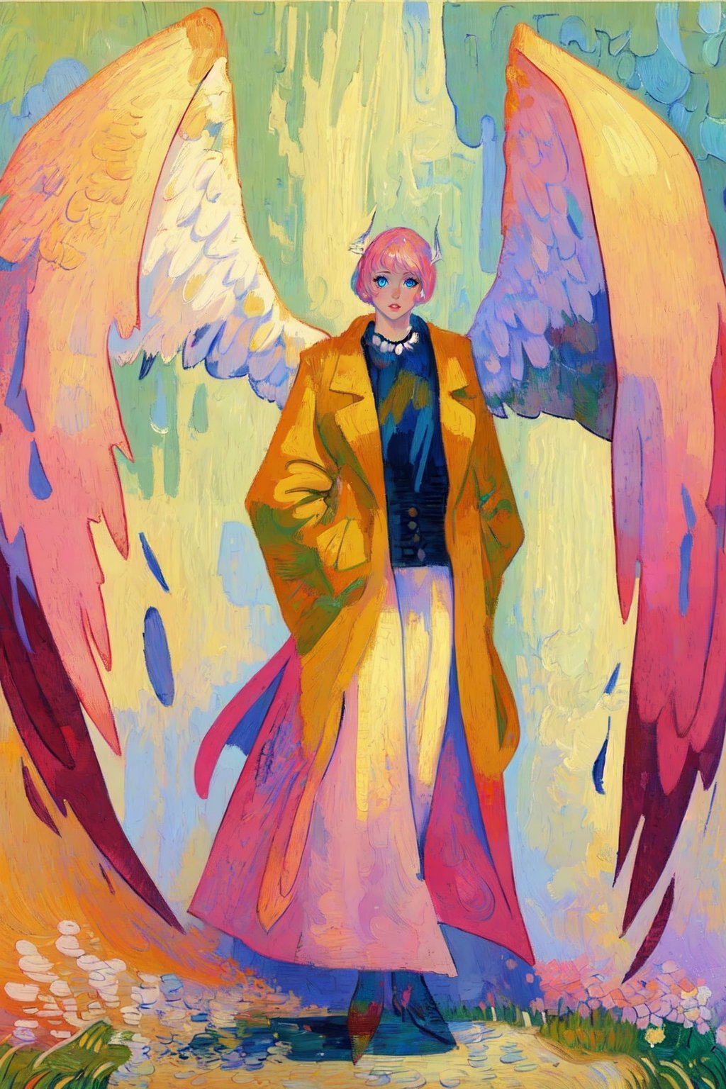 ((masterpiece, best quality)),(van Gough art),1girl, angel wings, pink hair,badass