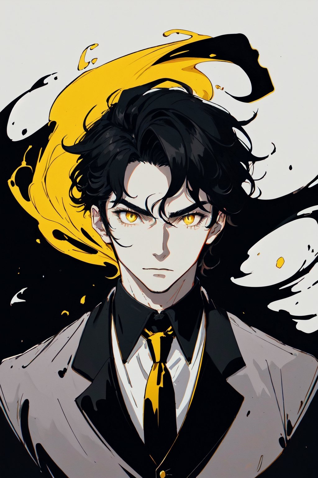 A portrait of a handsome man in slick black suit,wearing red tie, wavy comma hair , 20 years old of age, vivid of nowhere with fog, highly detailed, evil face expression, wearing a gloves , yellow and black hair, high contrast, cinematic ,  light_purple_eyes ,weapon,midjourney