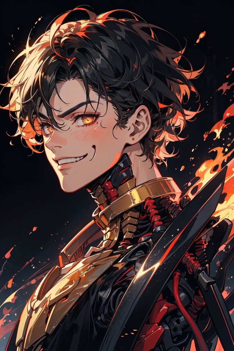 Boy, a warrior, Medium short hairstyle, black hair, wearing a luxurious emperor's outfit. Medium-parted short hairstyle cute skeleton wide eyes Furrowed brows and mischievous smiles, 2 hand katanas,  and a fire forest sword of tower in the background. handsome,
It's all a skeleton.
 high-quality rendering, showcasing he personality and unique features.
,glowing gold,horror (theme),Mecha body,3dcharacter,portrait