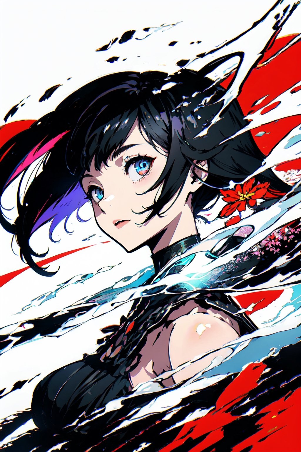 (masterpiece),vivid,a beautiful girl ,black dress,multicolored hair,red blossoms,white background, surrounded by ghost,Persona Cut In,midjourney