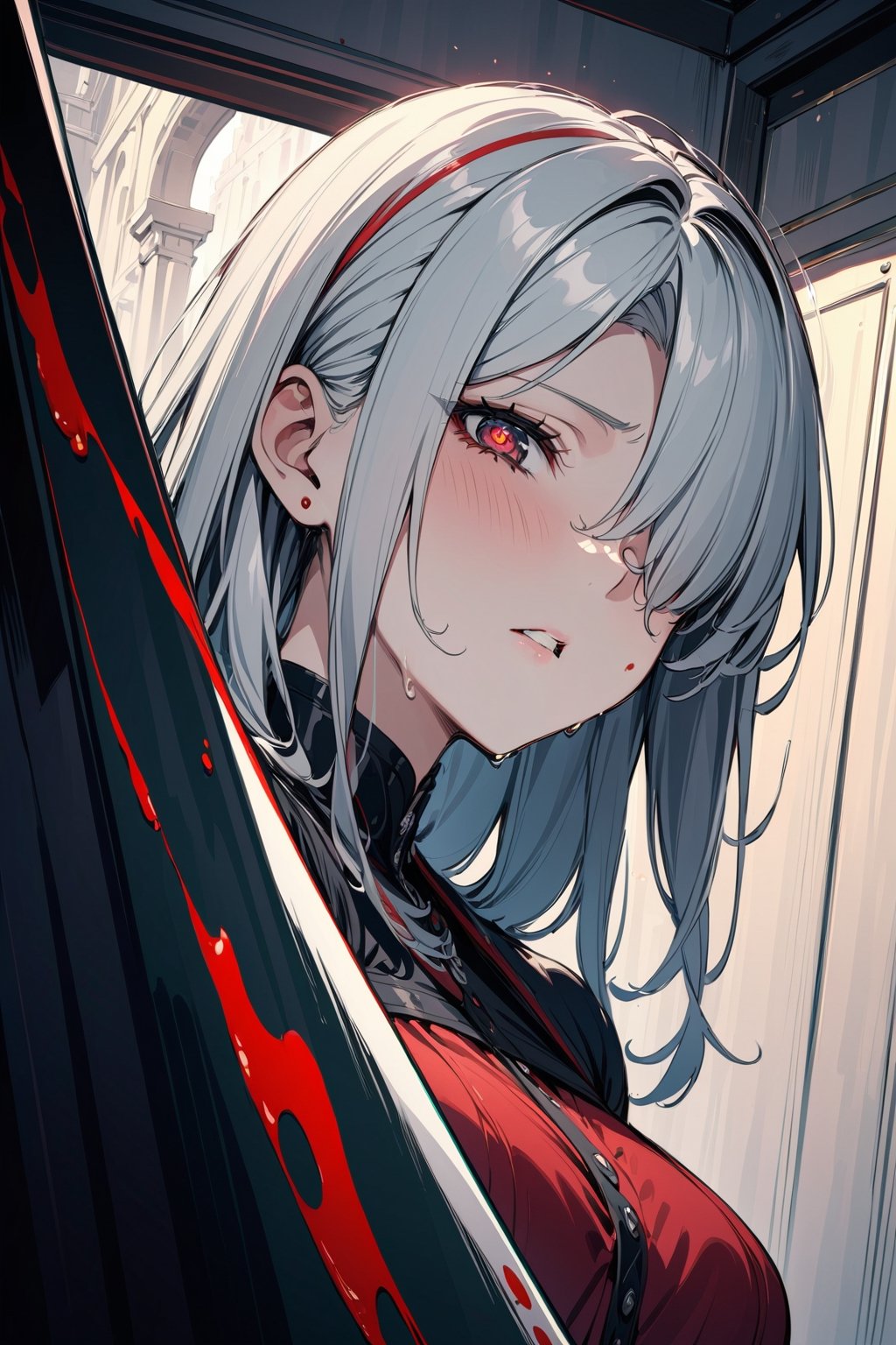 ((masterpiece,best quality)), 1girl,, hair over one eye, red symbol-shaped pupils, holding knife, blood, shaded face, from below ,
Tsundere ,silver hair,suite