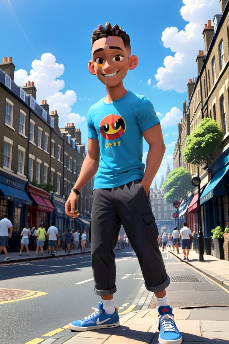 disney style, teen boy, sole_male, fit body, smiling, cute, aesthetic clothes, disney pixar style, casual clothes,  city street, London, aesthetic background, masterpiece, master, amazing, rich texture, ample light, blue sky, boy, 1guy, male,more detail XL