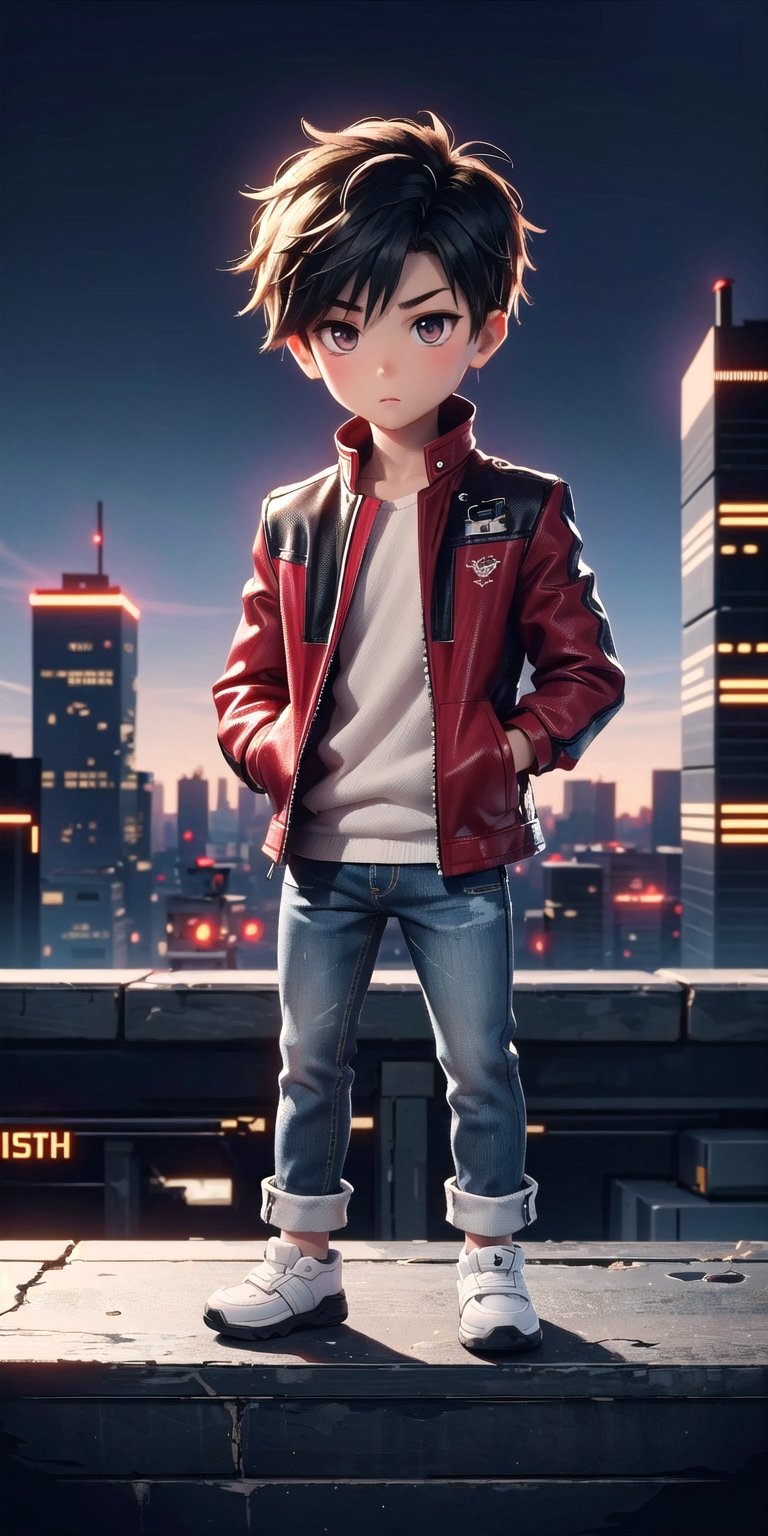  Masterpiece by master, Cute chibi 1boy figure, "Synergy" text ((bold, futuristic fonts)), stylish attire, Red long jacket, dark blue jeans, faux hawk hairstyle, innocent, 4k, aesthetic, cityscape background, fhd,chibi 1boy,1boy,SAM YANG