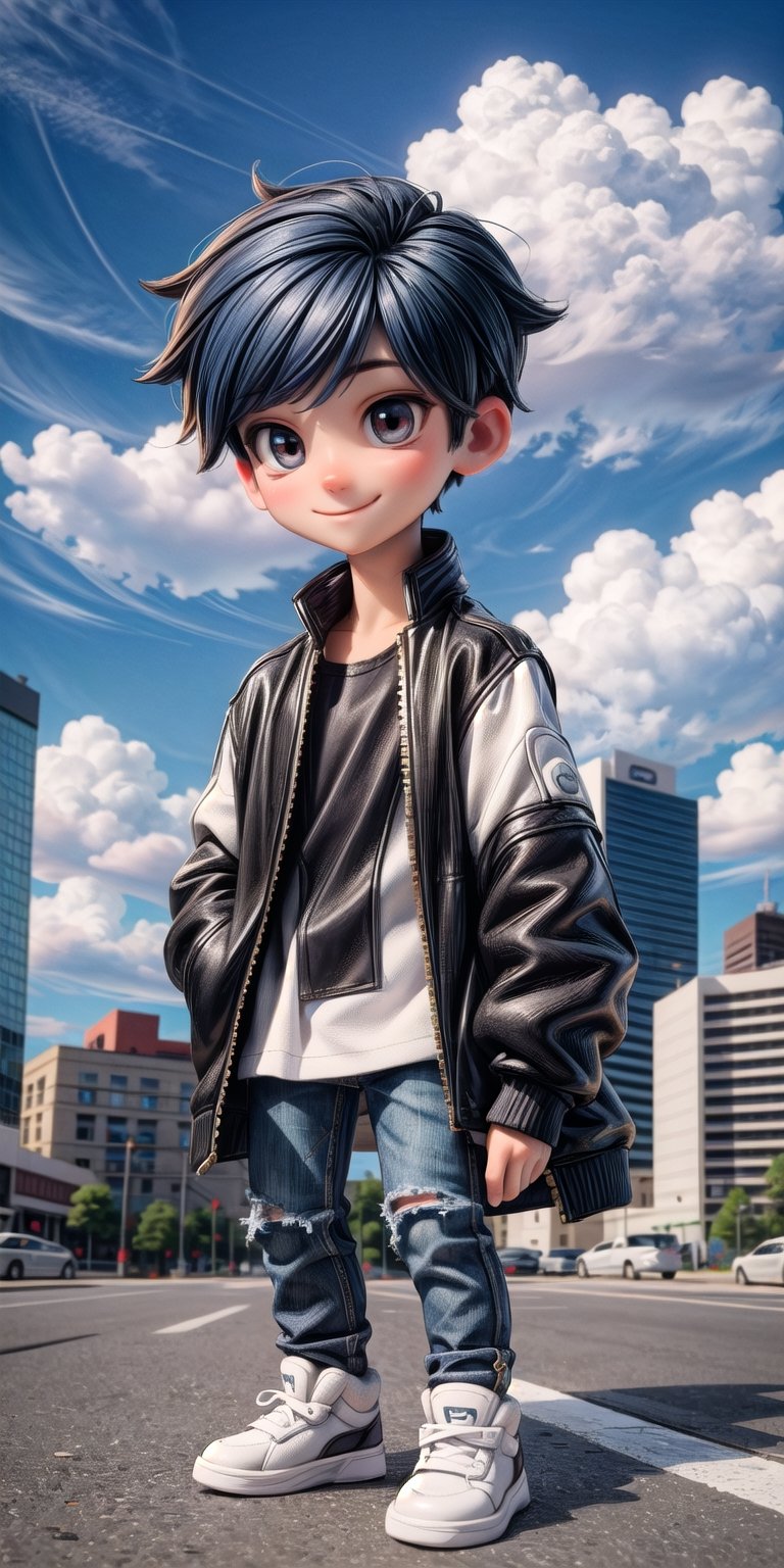  Masterpiece by master, looking_at_camera, :), smiling face, Cute chibi 1boy figure, stylish attire, black long jacket, dark blue jeans, faux hawk hairstyle, innocent, 4k, aesthetic, daytime, clouds, city street background, fhd,chibi 1boy,1boy,one_boy,ONE_BOY,SAM YANG,3DMM,chibi, detailed_background 