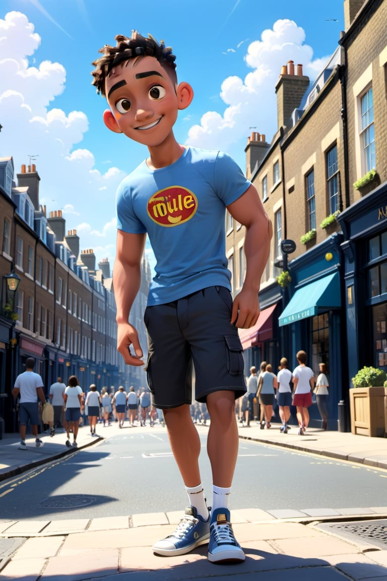 disney style, teen boy, sole_male, fit body, smiling, cute, aesthetic clothes, disney pixar style, casual clothes,  city street, London, aesthetic background, masterpiece, master, amazing, rich texture, ample light, blue sky, boy, 1guy, male,more detail XL
