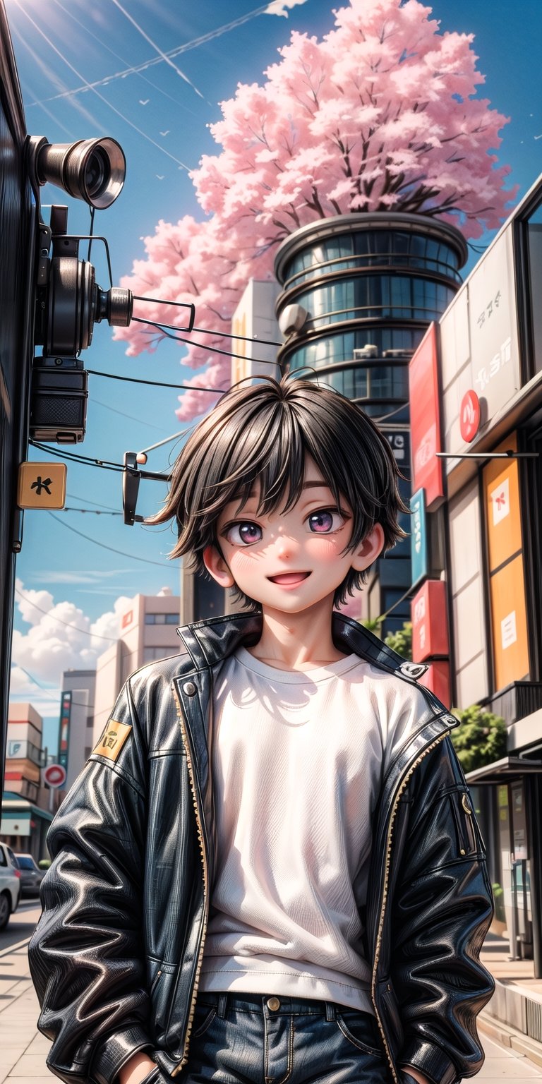  Masterpiece by master, 22 y/o, fit body, looking_at_camera, :), smiling face, Cute 1boy figure, stylish attire, Purple Long Jacket, full white t shirt, dark blue jeans, faux hawk hairstyle ((black)), black hair, innocent, 4k, aesthetic, blue sky, natural light, daytime, clouds, Tokyo city street background, fhd,1boy,1boy,one_boy,ONE_BOY,SAM YANG,3DMM, detailed_background ,klee (genshin impact),Portrait