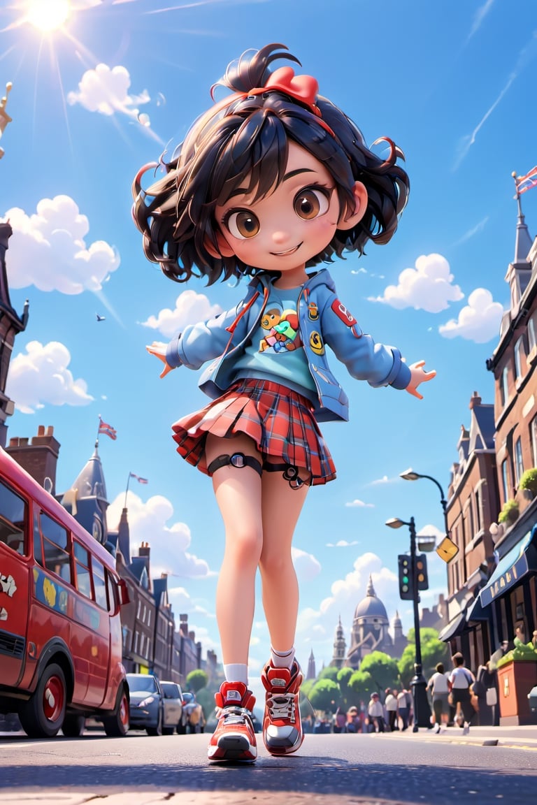 disney style, teen boy 1boy, fir body, smiling, cute, aesthetic clothes, disney pixar style, casual clothes, kawaii, street, London, aesthetic background, masterpiece, master, amazing, rich texture, ample light, blue sky, boy, 1guy, male,chibi