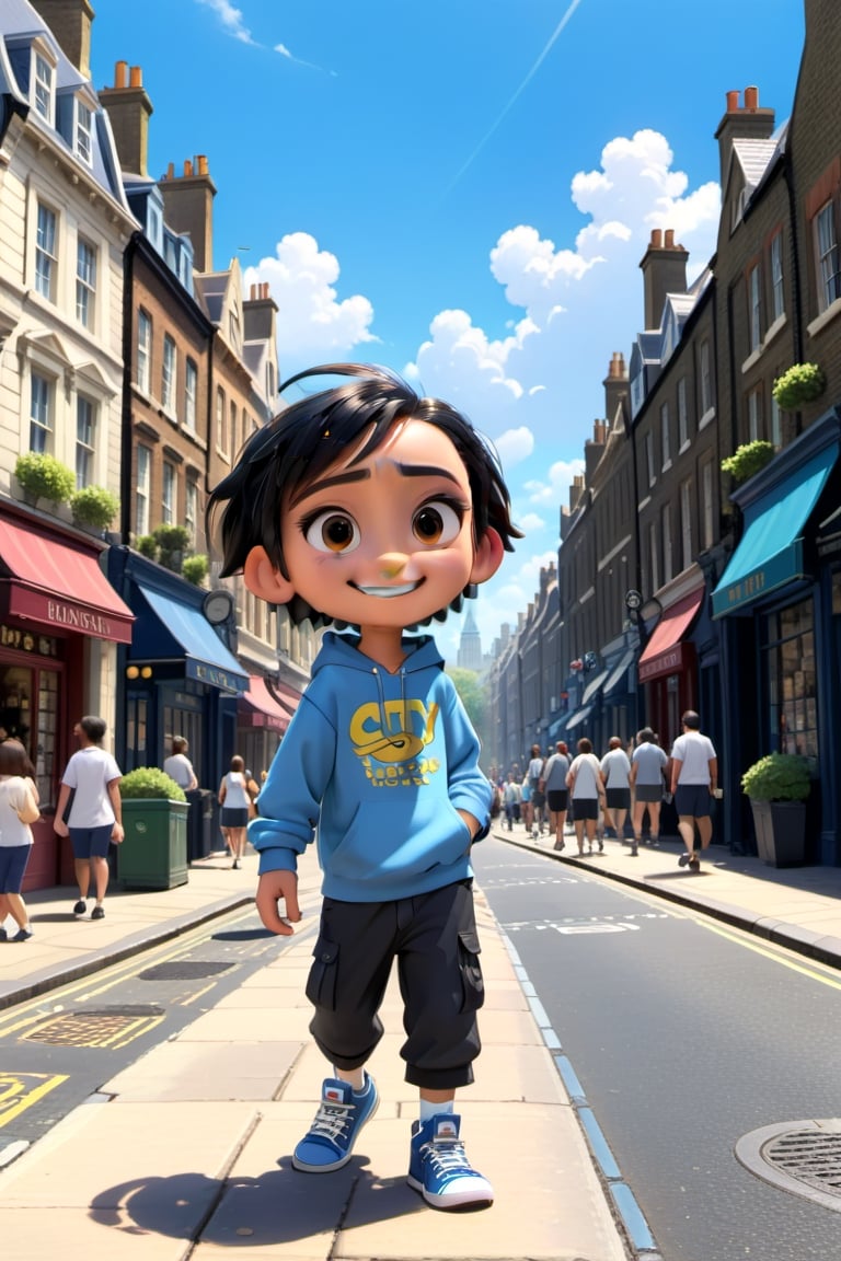 disney style, teen boy, sole_male, fit body, smiling, cute, aesthetic clothes, disney pixar style, casual clothes,  city street, London, aesthetic background, masterpiece, master, amazing, rich texture, ample light, blue sky, boy, 1guy, male,chibi,more detail XL