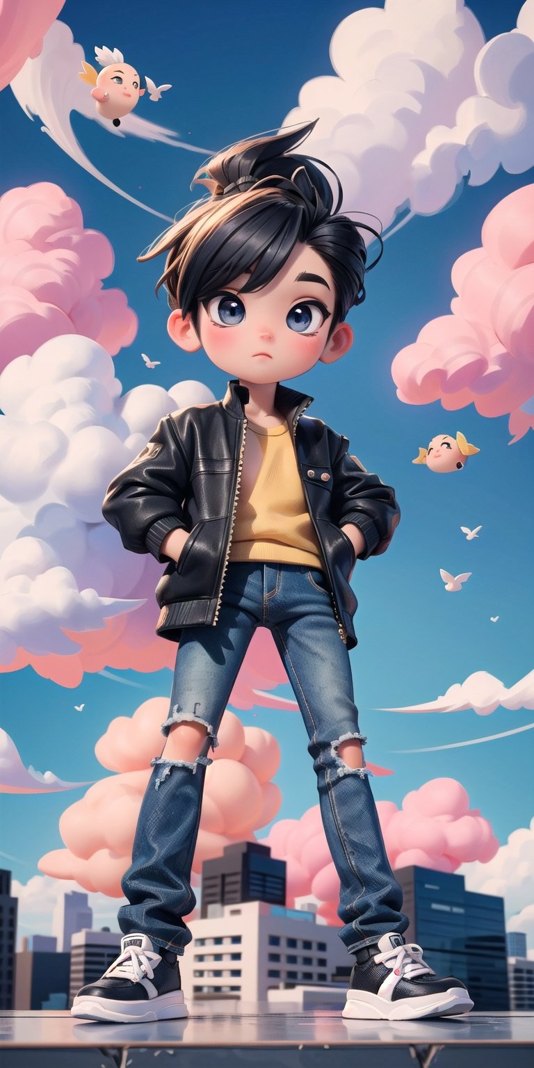  Masterpiece by master, looking_at_camera, Cute chibi 1boy figure, stylish attire, black long jacket, dark blue jeans, faux hawk hairstyle, innocent, 4k, aesthetic, daytime, clouds, cityscape background, fhd,chibi 1boy,1boy,SAM YANG,3DMM,chibi,pastelbg