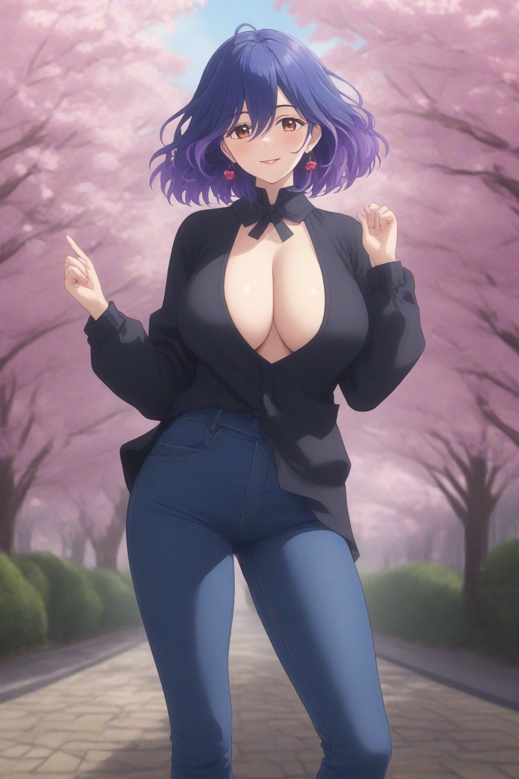 (masterpiece, best quality, 32K ultra HD anime, super high resolution, 1980s /(style/), perfect human anatomy, perfect anatomy), (side view, shot from below), looking at the camera, highlights of breasts,
(vermeil), mature woman, solo,
((short hair, (blue hair, wavy hair, gradient hair, purple hair with tips)), thick parted bangs, hair between eyes, beautiful thin long eyebrows, brown eyes, red rose earrings, pink lips, blush, smiling), (slightly pouting),
((dress shirt), beautiful cleavage, jeans pants), black pumps,
attractive body, high body, beautiful clavicle line, (huge breasts; 0.3, firm, firm), beautiful hands, (beautiful fingers, 4 fingers, 1 thumb), slightly wide hips; 0.7, slightly large ass; 0.8, beautiful_legs, beautiful_knees, beautiful_calves, (beautiful_toes, 4 fingers, 1 thumb),
(standing, legs apart, facing up, on cobblestones), (spring park, cherry blossoms in full bloom, cherry tree, cherry blossoms blowing in the wind),
, core_9_up, score_8_up, score_7_up, score_6_up, source_anime,