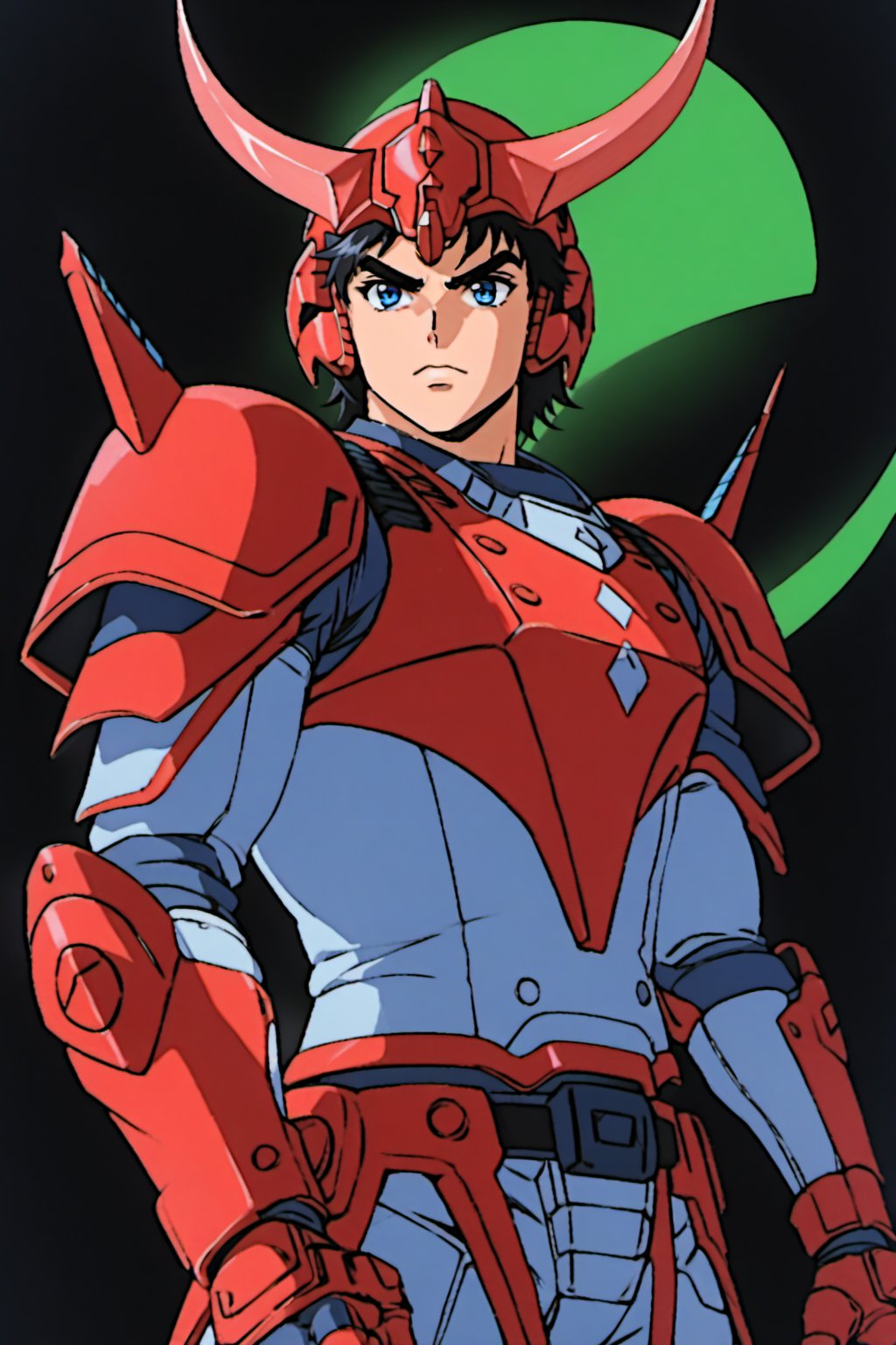 (Excellent, Best Quality, 16K Ultra HD Anime, 1980s /(style/), ultra high resolution, perfect human anatomy, perfect anatomy),
(front view, shot from the front),
(rekka), 1boy, solo, cool guy,
handsome face, detailed face, (short hair, black hair, (muscular eyebrows), (detailed eyes, blue eyes), straight face),
beautiful hands, (beautiful fingertips, four fingers, one thumb),
smooth stomach,
((red helmet, (two horns, blade-like, crescent-shaped, silver)), (armor gear, red armor, four diamond marks on shoulders, yellow, large shoulder armor)), (under gear, white undersuit, gray belly suit), (Japanese sword, two)),
(cool fighting pose, in empty space),
(green background, empty space),
score_9_up, score_8_up, score_7_up, score_6_up, source_anime, BREAK,