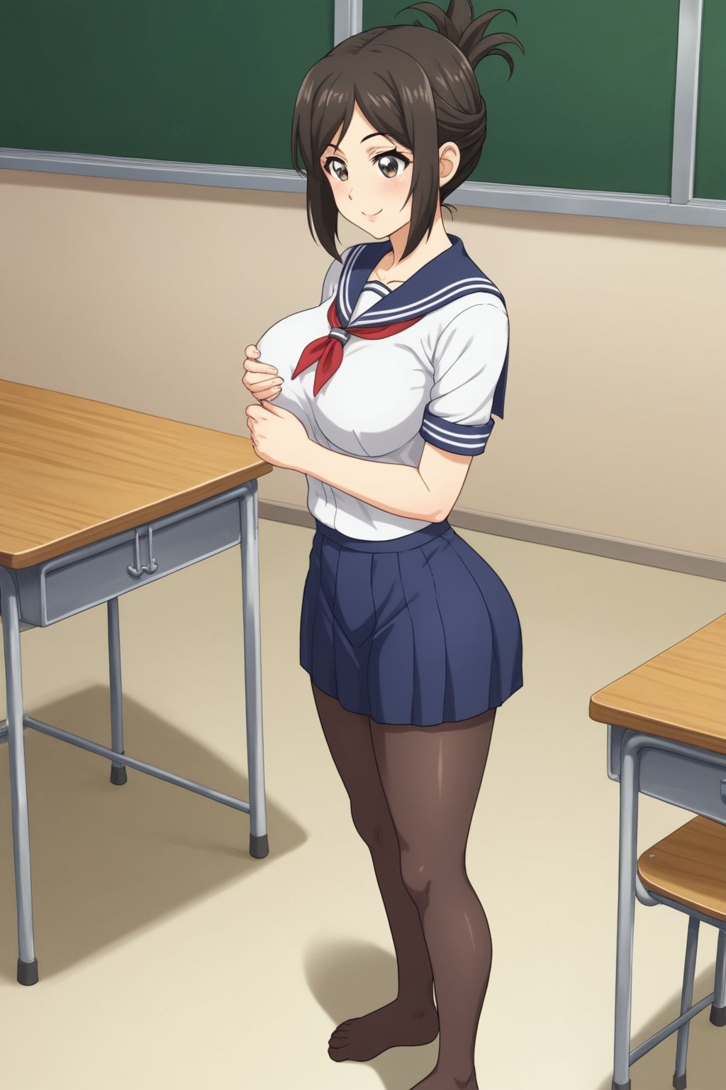 (masterpiece, best quality, 32K ultra HD anime, super high resolution, 1980s /(style/), perfect human anatomy, perfect anatomy, NSFW), (side view, shot from above), looking at camera, highlights breasts,
(kanakojixl), mature woman, solo,
((short hair, black hair, folded ponytail, unevenly parted bangs, beautiful thin long eyebrows, black eyes, pink lips, blushing, smiling), (mouth slightly open),
navy blue sailor uniform collar, white shirt, navy blue sailor uniform skirt, black thong panties, black pantyhose,
attractive body, beautiful collarbone line, (large breasts; 0.3, firm, firm), beautiful hands, (beautiful fingers, 4 fingers, 1 thumb), slightly wide hips; 0.7, slightly large ass; 0.8, beautiful_legs, beautiful_knees, beautiful_calves, (beautiful_toes, 4_fingers, 1_thumb),
(standing, facing forward, legs wide open, skirt rolled up, one hand grabbing breast, in classroom), (school scene, dim light, classroom, podium, large blackboard, timetable, TV monitor),
, core_9_up, score_8_up, score_7_up, score_6_up, source_anime, BREAK, score_9,