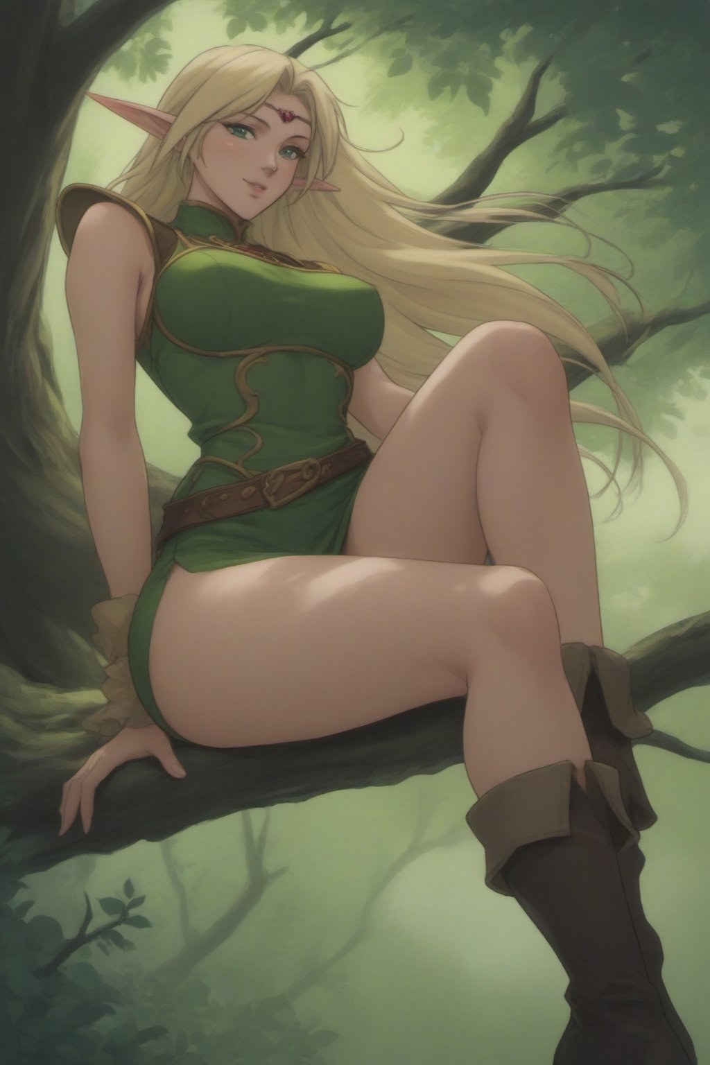 (masterpiece, best quality, 32K ultra HD anime, super high resolution, 1980s /(style/), perfect human anatomy, perfect anatomy), (side view, shot from below), looking at camera, highlights breasts,
(Deedlit), mature woman, elf, solo,
((long hair, blonde hair, center parted bangs, circlet, beautiful long thin eyebrows, lime green eyes, big elven ears, pointed ears, pink lips, blushing, smiling), (mouth slightly open),
(((Deedlit's lime green dress, sleeveless, gold trimmed), (green armor, gold trimmed)), belt, (lime green short skirt, gold trimmed)), black stockings, black boots,
attractive body, high body, beautiful clavicle line, (large breasts; 0.3, firm, firm), beautiful_hands, (beautiful_fingers, 4 fingers, 1 thumb), slightly wide_waist; 0.7, slightly large_buttocks; 0.8, beautiful_legs, beautiful_knees, beautiful_calves, (beautiful_toes, 4 fingers, 1 thumb),
(sitting, on a tree branch, legs wide open, on a big tree branch), (forest scenery, big tree branch, big tree, deep forest),
, core_9_up, score_8_up, score_7_up, score_6_up, source_anime, BREAK, score_9,score_9_up