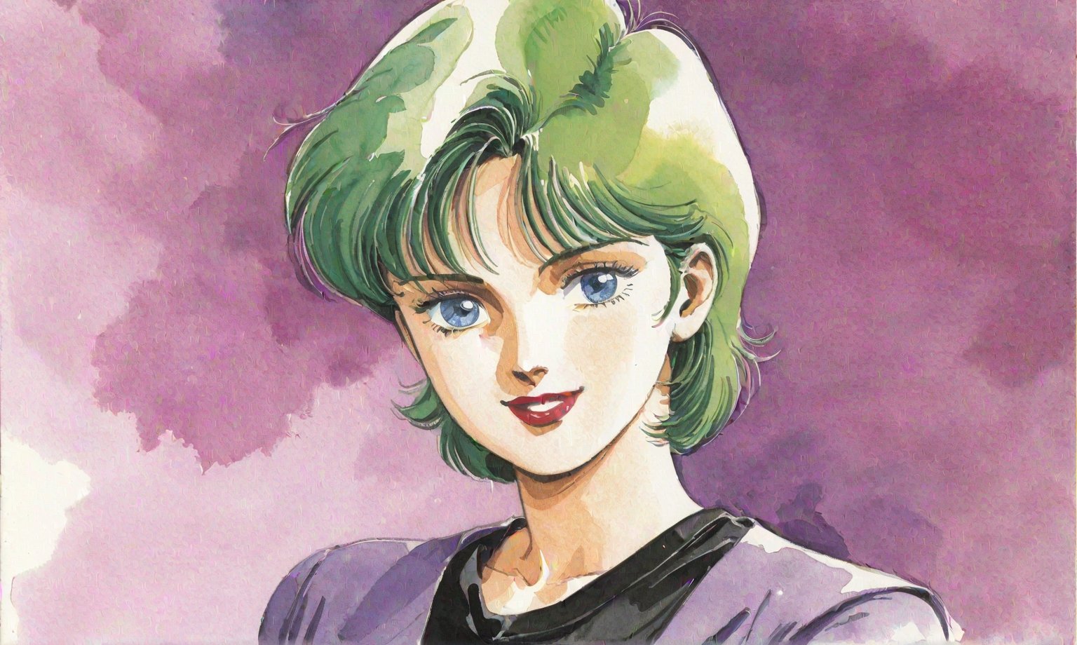 Traditional media, Retro art style, Watercolor, 1980s style, Four Murasame, 1 woman, Solo, Short hair, Blue eyes, Green hair, Lipstick, Smiling, Looking at viewer, Collarbone, Purple shirt, Black long sleeve shirt, Black 7/8 tights, Light purple socks, Low pumps, (Portrait, Watercolor), Full body,