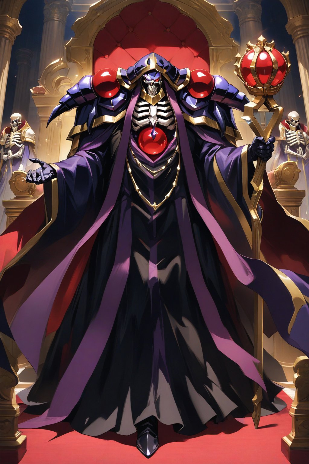 (masterpiece, best quality, 32K ultra-high resolution oil painting, super high resolution, artistic shading, accurate human anatomy, perfect anatomy),
(side view, bottom angle), full body shot, (eyes on camera),
Ainz Ooal Gown \(Overlord\), one boy, solo,
white skull, white skeleton, red eyes, glowing, glowing red ball in chest,
black hood with gold trim, (white giant shoulder pads, red balls inlaid), (black robe, purple trim), (scepter, seven-colored gemstone object held by snake on staff),
(palace background, huge stone pillars lined up, (red carpet, gold trim), luxurious throne, steps to the throne, huge coat of arms flag),
core_9_up, score_8_up, score_7_up, score_6_up, source_anime,