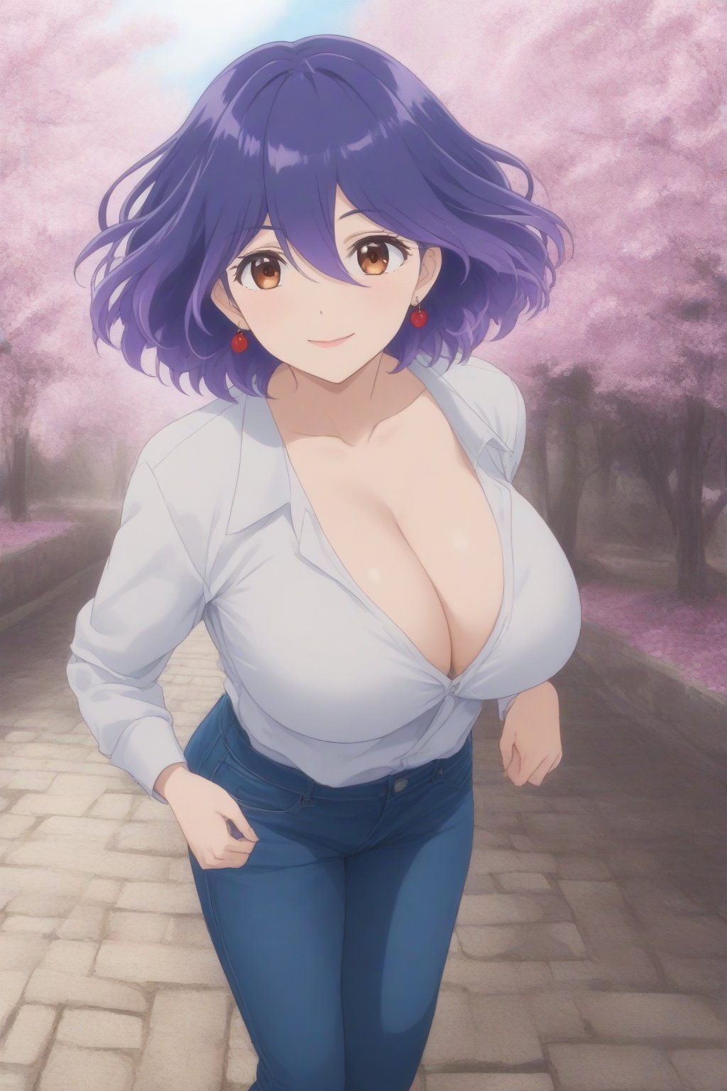 (masterpiece, best quality, 32K ultra HD anime, super high resolution, 1980s /(style/), perfect human anatomy, perfect anatomy), (side view, shot from below), looking at the camera, highlights of breasts,
(vermeil), mature woman, solo,
((short hair, (blue hair, wavy hair, gradient hair, purple hair with tips)), thick parted bangs, hair between eyes, beautiful thin long eyebrows, brown eyes, red rose earrings, pink lips, blush, smiling), (slightly pouting),
((dress shirt), beautiful cleavage, jeans pants), black pumps,
attractive body, high body, beautiful clavicle line, (huge breasts; 1.0, firm, firm), beautiful hands, (beautiful fingers, four fingers, one thumb), slightly wide hips; 0.7, slightly large ass; 0.8, beautiful_legs, beautiful_knees, beautiful_calves, (beautiful_toes, 4 fingers, 1 thumb),
(standing, legs apart, facing up, on cobblestones), (spring park, cherry blossoms in full bloom, cherry tree, cherry blossoms blowing in the wind),
, core_9_up, score_8_up, score_7_up, score_6_up, source_anime,