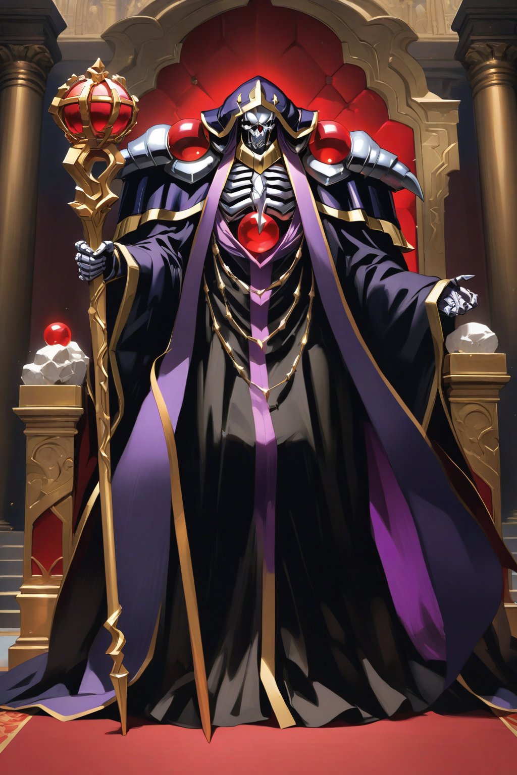 (masterpiece, best quality, 32K ultra-high resolution oil painting, super high resolution, artistic shading, accurate human anatomy, perfect anatomy),
(side view, bottom angle), full body shot, (eyes on camera),
Ainz Ooal Gown \(Overlord\), one boy, solo,
white skull, white skeleton, red eyes, glowing, glowing red ball in chest,
black hood with gold trim, (white giant shoulder pads, red balls inlaid), (black robe, purple trim), (scepter, seven-colored gemstone object held by snake on staff),
(palace background, huge stone pillars lined up, (red carpet, gold trim), luxurious throne, steps to the throne, huge coat of arms flag),
core_9_up, score_8_up, score_7_up, score_6_up, source_anime,