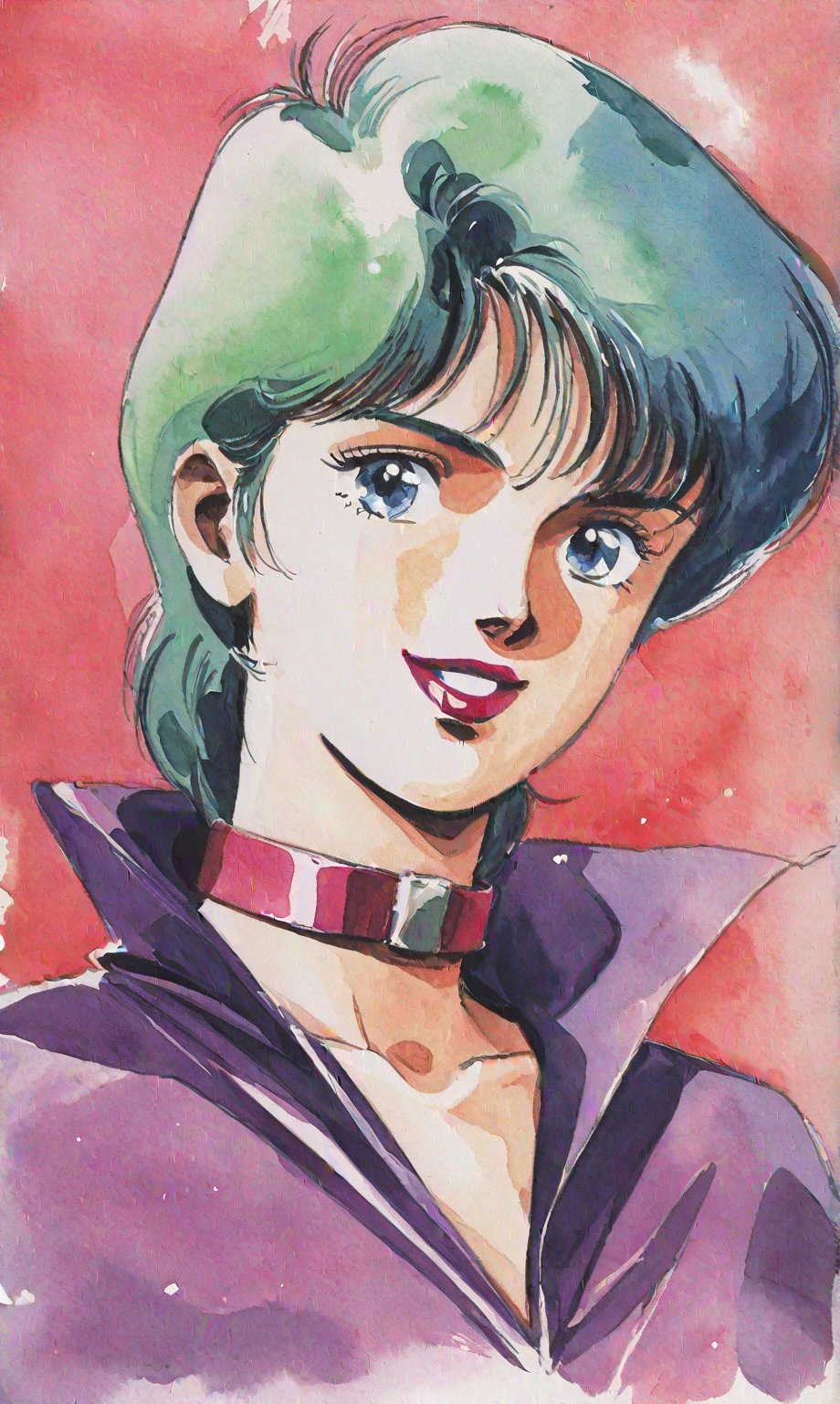 Traditional media, Retro art style, Watercolor, 1980s style, Four Murasame, 1 woman, Solo, Teenage girl, Short hair, Blue eyes, Green hair, Lipstick, Smiling, Looking at viewer, Collarbone, (Purple cape, Large turned-up collar), Purple miniskirt, Black long-sleeved shirt, Black 7/8 tights, Light purple socks, Low pumps, (Portrait, Watercolor), Full body,