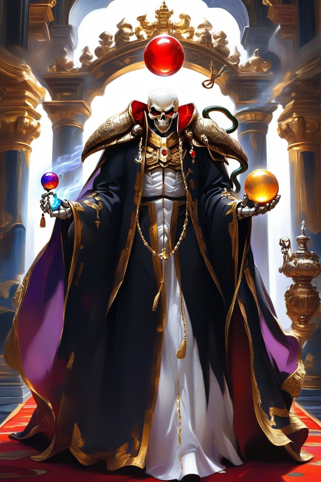 (masterpiece, best quality, 32K ultra-high resolution oil painting, super high resolution, artistic shading, accurate human anatomy, perfect anatomy),
(side view, bottom angle), full body shot, (eyes on camera),
Ainz Ooal Gown \(Overlord\), one boy, solo,
white skull, white skeleton, red eyes, glowing, glowing red ball in chest,
black hood with gold trim, (white giant shoulder pads, red balls inlaid), (black robe, purple trim), (scepter, snake holds seven-colored gem on staff),
(palace background, huge stone pillars lined up, (red carpet, gold trim), luxurious throne, steps to the throne, huge coat of arms flag),
core_9_up, score_8_up, score_7_up, score_6_up, source_anime,