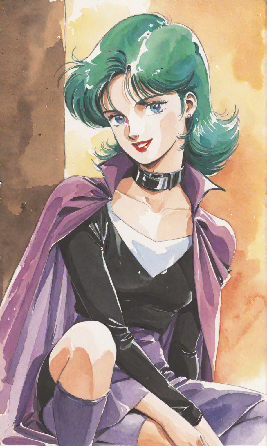 Traditional media, Retro art style, Watercolor, 1980s style, Four Murasame, 1 woman, Solo, Short hair, Blue eyes, Green hair, Lipstick, Smiling, Looking at viewer, Collarbone, (Purple cape, Large turned-up collar), Purple miniskirt, Black long sleeve shirt, Black 7/8 tights, Light purple socks, Low pumps, (Portrait, Watercolor), Full body,