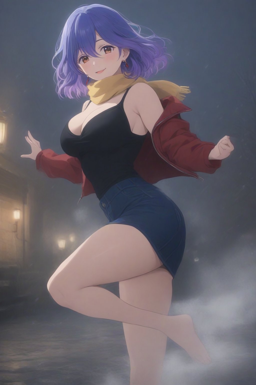 (masterpiece, best quality, 32K ultra HD anime, super high resolution, 1980s /(style/), perfect human anatomy, perfect anatomy), (side view, shot from below), looking at the camera, highlights of breasts,
(vermeil), mature woman, solo,
((short hair, (blue hair, wavy hair, gradient hair, purple hair with tips)), thick parted bangs, hair between eyes, beautiful thin long eyebrows, brown eyes, red rose earrings, pink lips, blush, smiling), (mouth slightly open),
((red leather jacket, yellow scarf), beautiful cleavage, denim skirt), black stockings, black boots,
attractive body, high body, beautiful clavicle line, (huge breasts; 0.3, firm firmness), beautiful hands, (beautiful fingers, 4 fingers, 1 thumb), slightly wide hips; 0.7, a little big_butt; 0.8, beautiful_legs, beautiful_knees, beautiful_calves, (beautiful_toes, 4 fingers, 1 thumb),
(dancing, dancing, legs wide open, doing various poses with both hands, on the cobblestones), (winter park, falling snow, blizzard, silver world),
, core_9_up, score_8_up, score_7_up, score_6_up, source_anime, BREAK, score_9,