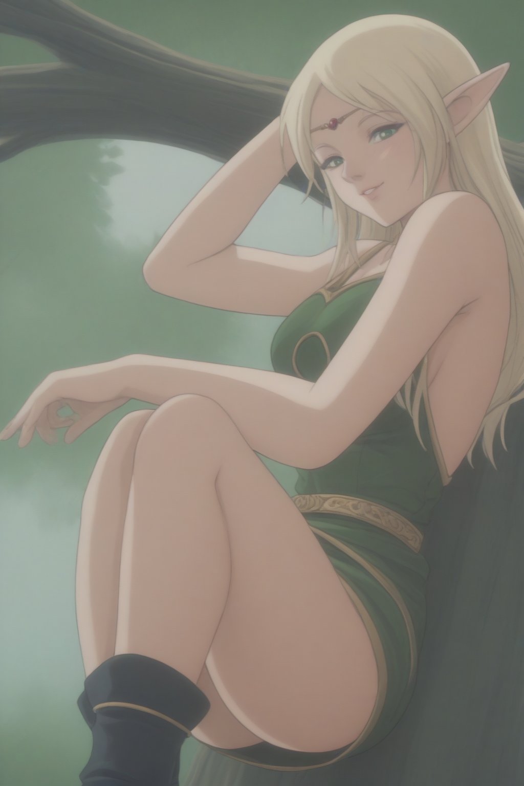 (masterpiece, best quality, 32K ultra HD anime, super high resolution, 1980s /(style/), perfect human anatomy, perfect anatomy), (side view, shot from below), looking at camera, highlights breasts,
(Deedlit), mature woman, elf, solo,
((long hair, blonde hair, center parted bangs, circlet, beautiful long thin eyebrows, lime green eyes, pointed ears, pink lips, blushing, smiling), (mouth slightly open),
(((Deedlit's lime green dress, sleeveless, gold trimmed), (green armor, gold trimmed)), belt, (lime green short skirt, gold trimmed)), black stockings, black boots,
attractive body, high body, beautiful clavicle line, (large breasts; 0.3, firm firmness), beautiful hands, (beautiful fingers, 4 fingers, 1 thumb), slightly wide hips; 0.7, a little big_buttocks; 0.8, beautiful_legs, beautiful_knees, beautiful_calves, (beautiful_toes, 4 fingers, 1 thumb),
(sitting, on a tree branch, legs wide open, on a big tree branch), (forest scenery, big tree branch, big tree, deep forest),
, core_9_up, score_8_up, score_7_up, score_6_up, source_anime, score_9_up