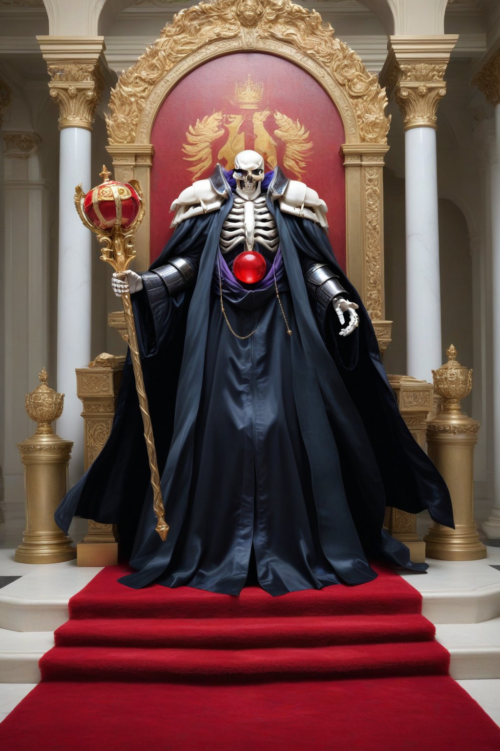 (masterpiece, best quality, 32K ultra-high resolution oil painting, super high resolution, artistic shading, accurate human anatomy, perfect anatomy),
(side view, bottom angle), full body shot, (eyes on camera),
Ainz Ooal Gown \(Overlord\), one boy, solo,
white skull, white skeleton, red eyes, glowing, glowing red ball in chest,
black hood with gold trim, (white giant shoulder pads, red balls inlaid), (black robe, purple trim), (scepter, snake holds seven-colored gem on staff),
(palace background, huge stone pillars lined up, (red carpet, gold trim), luxurious throne, steps to the throne, huge coat of arms flag),
core_9_up, score_8_up, score_7_up, score_6_up, source_anime,