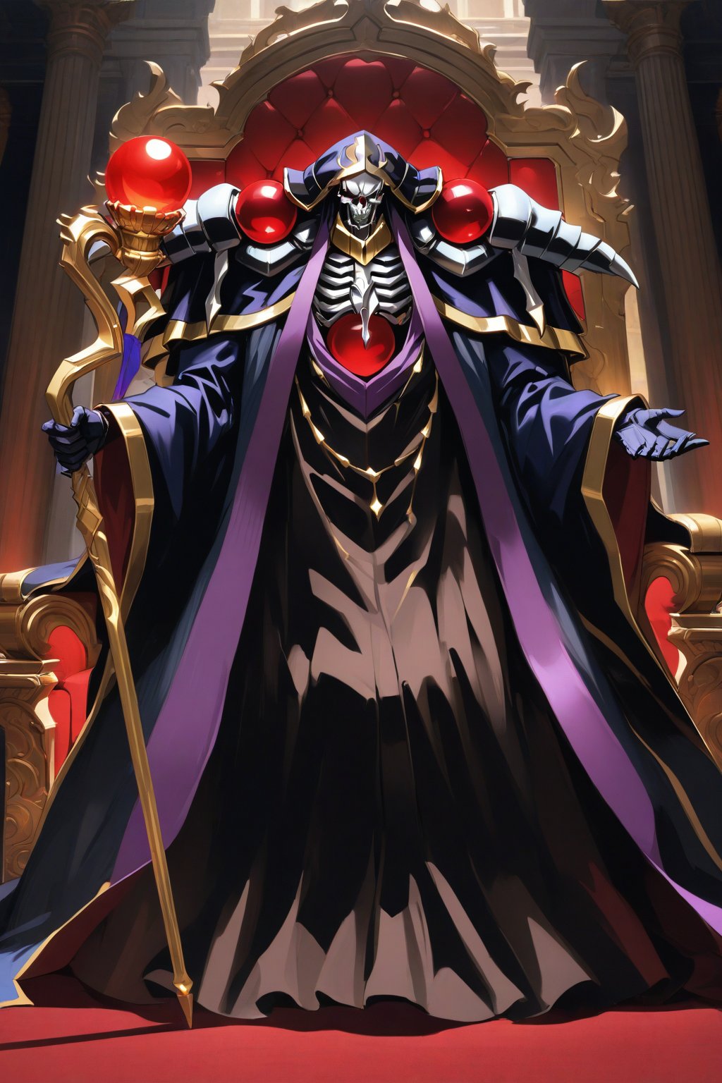 (masterpiece, best quality, 32K ultra-high resolution oil painting, super high resolution, artistic shading, accurate human anatomy, perfect anatomy),
(side view, bottom angle), full body shot, (eyes on camera),
Ainz Ooal Gown \(Overlord\), one boy, solo,
white skull, white skeleton, red eyes, glowing, glowing red ball in chest,
black hood with gold trim, (white giant shoulder pads, red balls inlaid), (black robe, purple trim), (scepter, seven-colored gemstone object held by snake on staff),
(palace background, huge stone pillars lined up, (red carpet, gold trim), luxurious throne, steps to the throne, huge coat of arms flag),
core_9_up, score_8_up, score_7_up, score_6_up, source_anime,